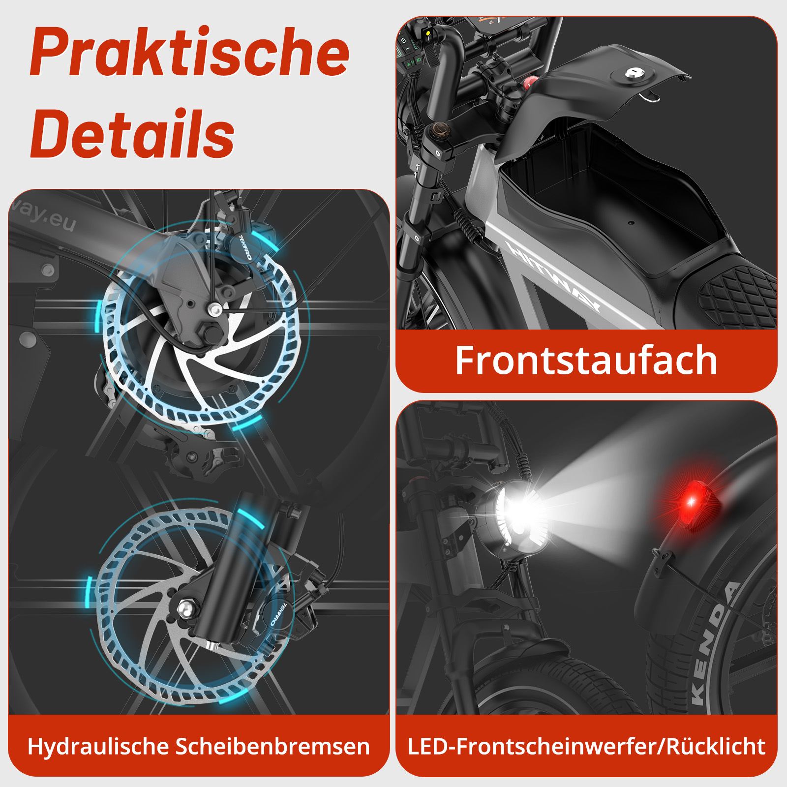 E-Bike-Details: Hydraulische Scheibenbremsen, Frontstaufach, LED-Licht.