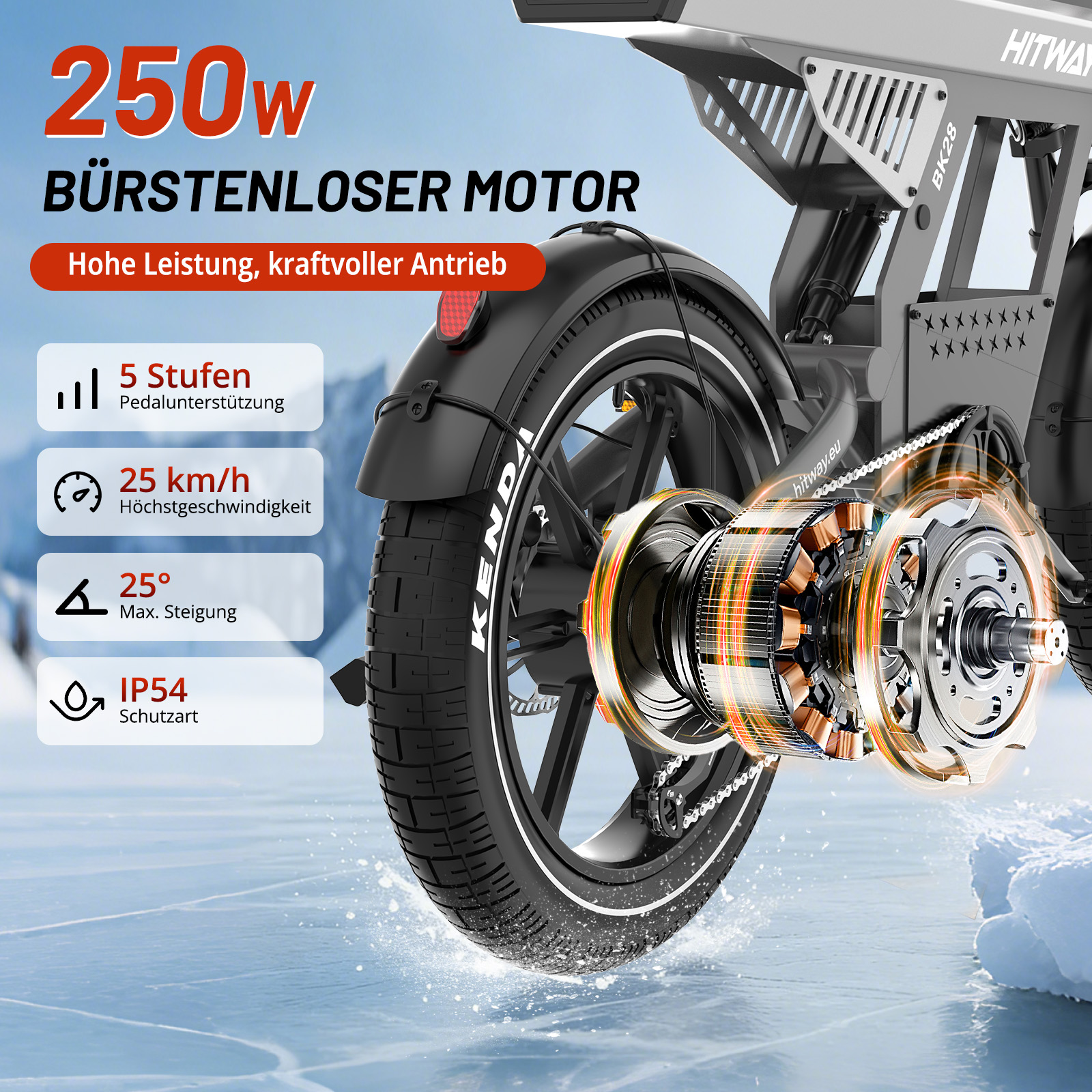 E-Bike mit 250W Motor, 5 Stufen, 25 km/h, 25° Steigung, IP54.