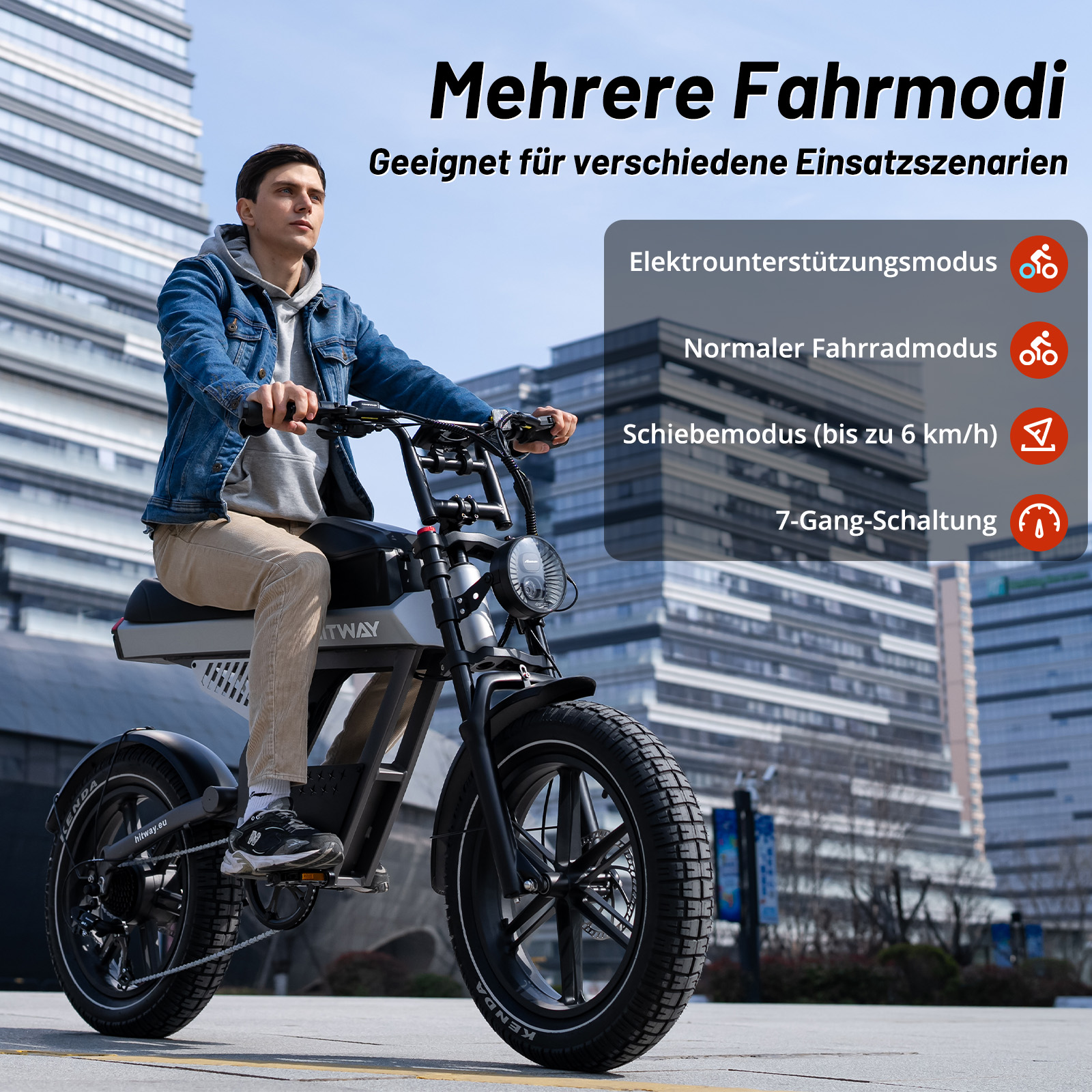 Mann fährt E-Bike vor Gebäuden; verschiedene Fahrmodi werden aufgelistet.
