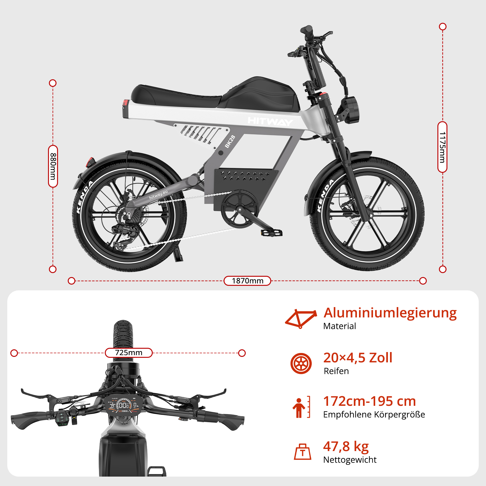 Ein graues und schwarzes E-Bike mit Kenda Reifen und Display.