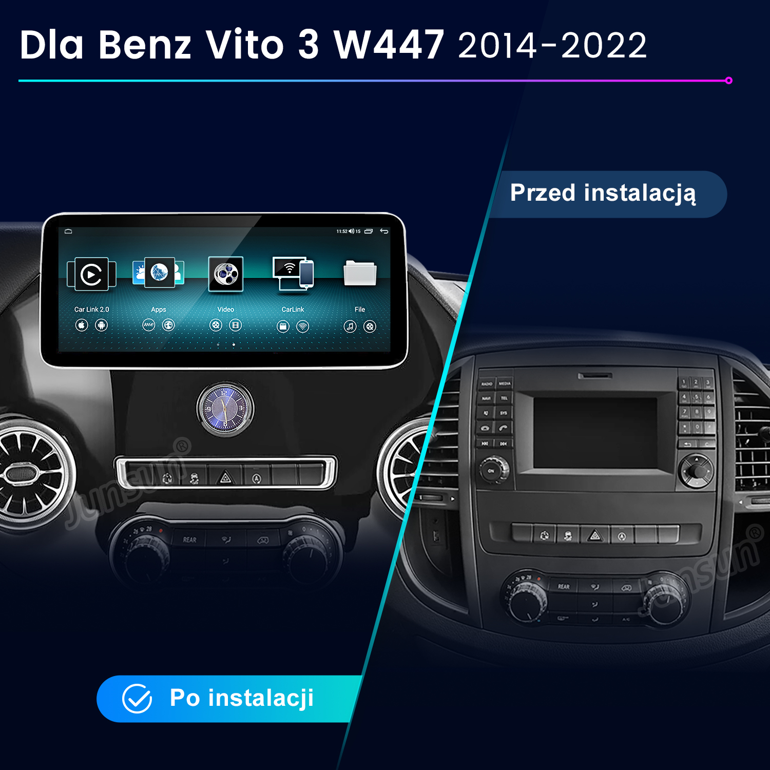 Porównanie przed/po: deska rozdzielcza Mercedesa Vito W447 z systemem infotainment.
