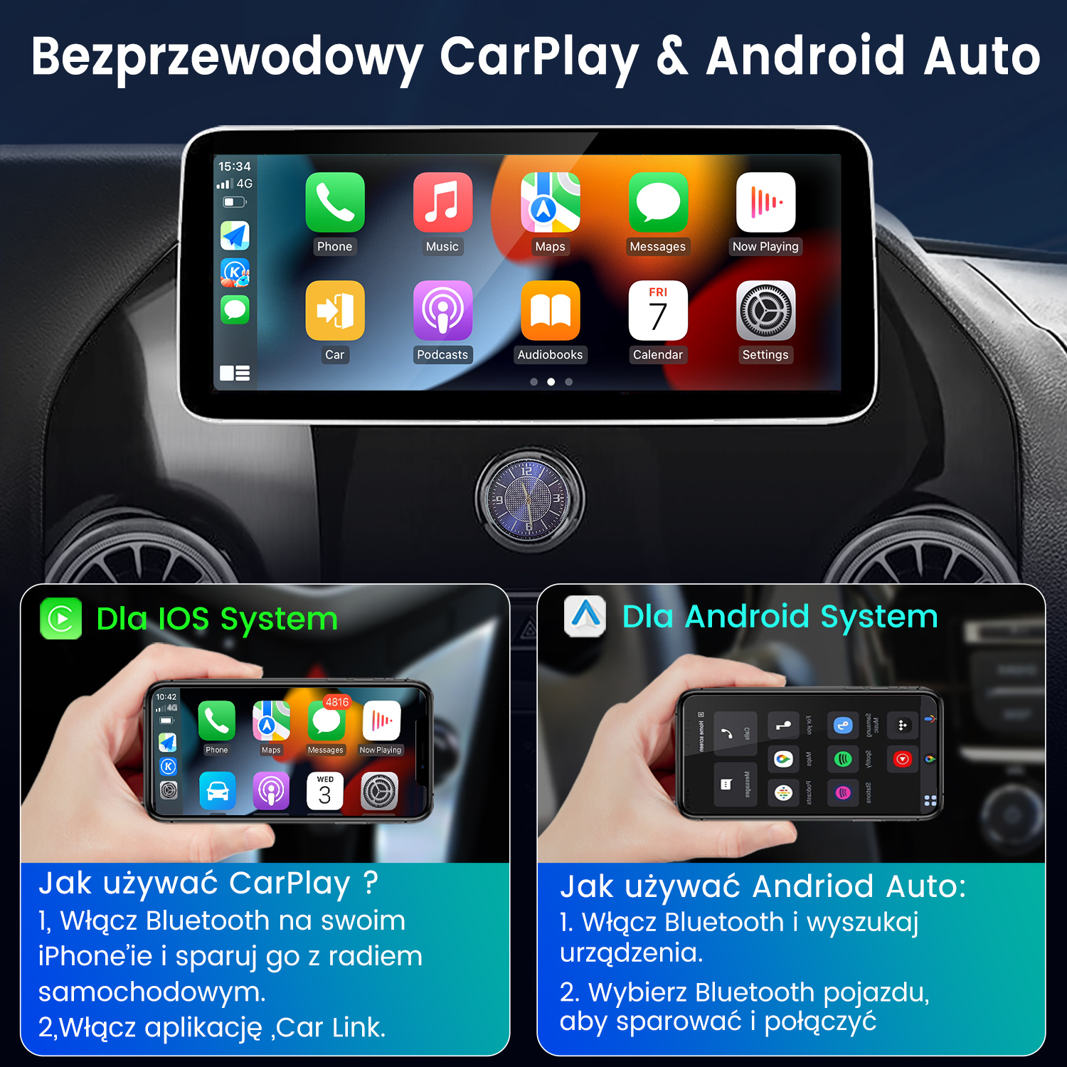 CarPlay i Android Auto na ekranie radia samochodowego z ikonami aplikacji i ekranami.