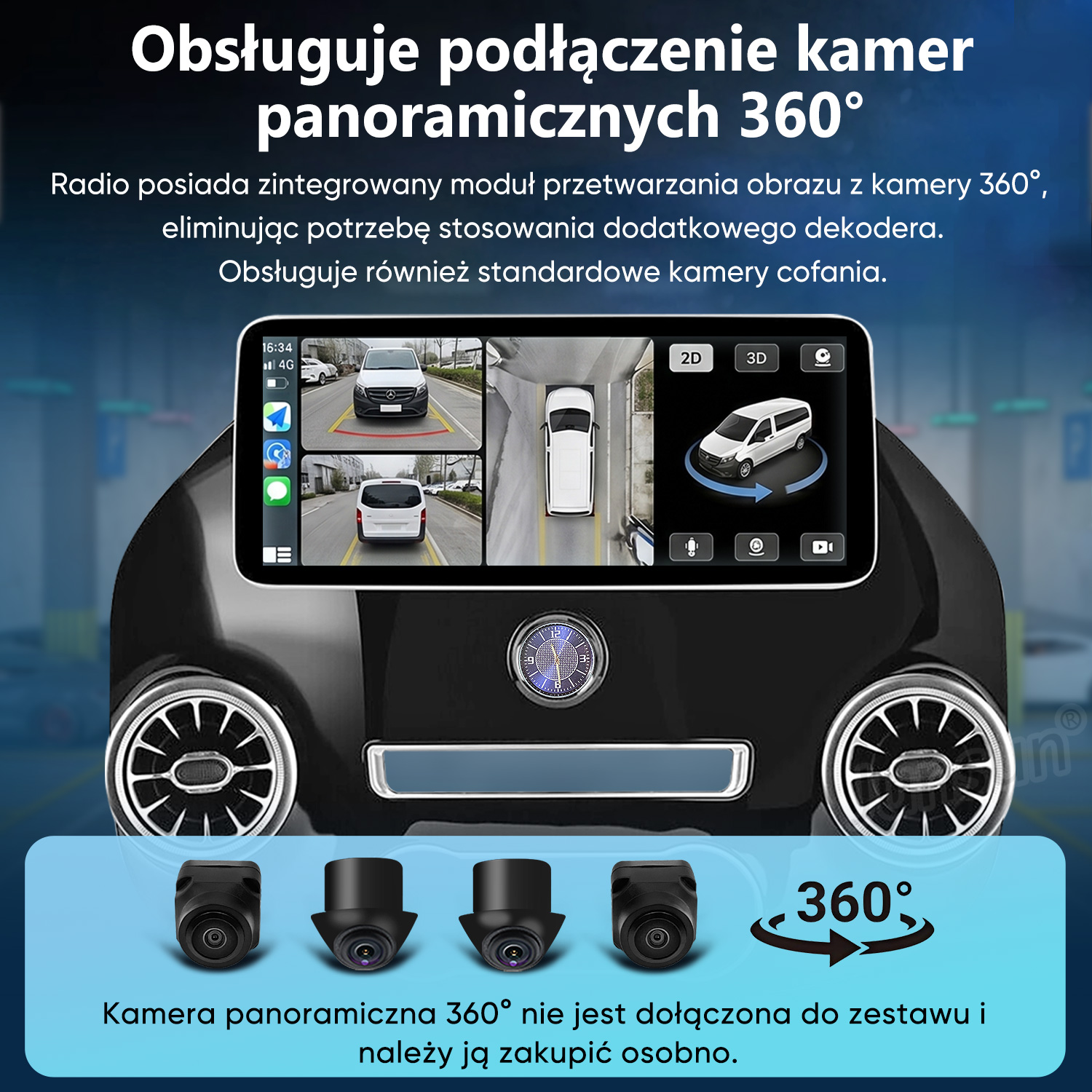 Radio samochodowe z obsługą kamer 360°, wyświetla wiele widoków i kamer.