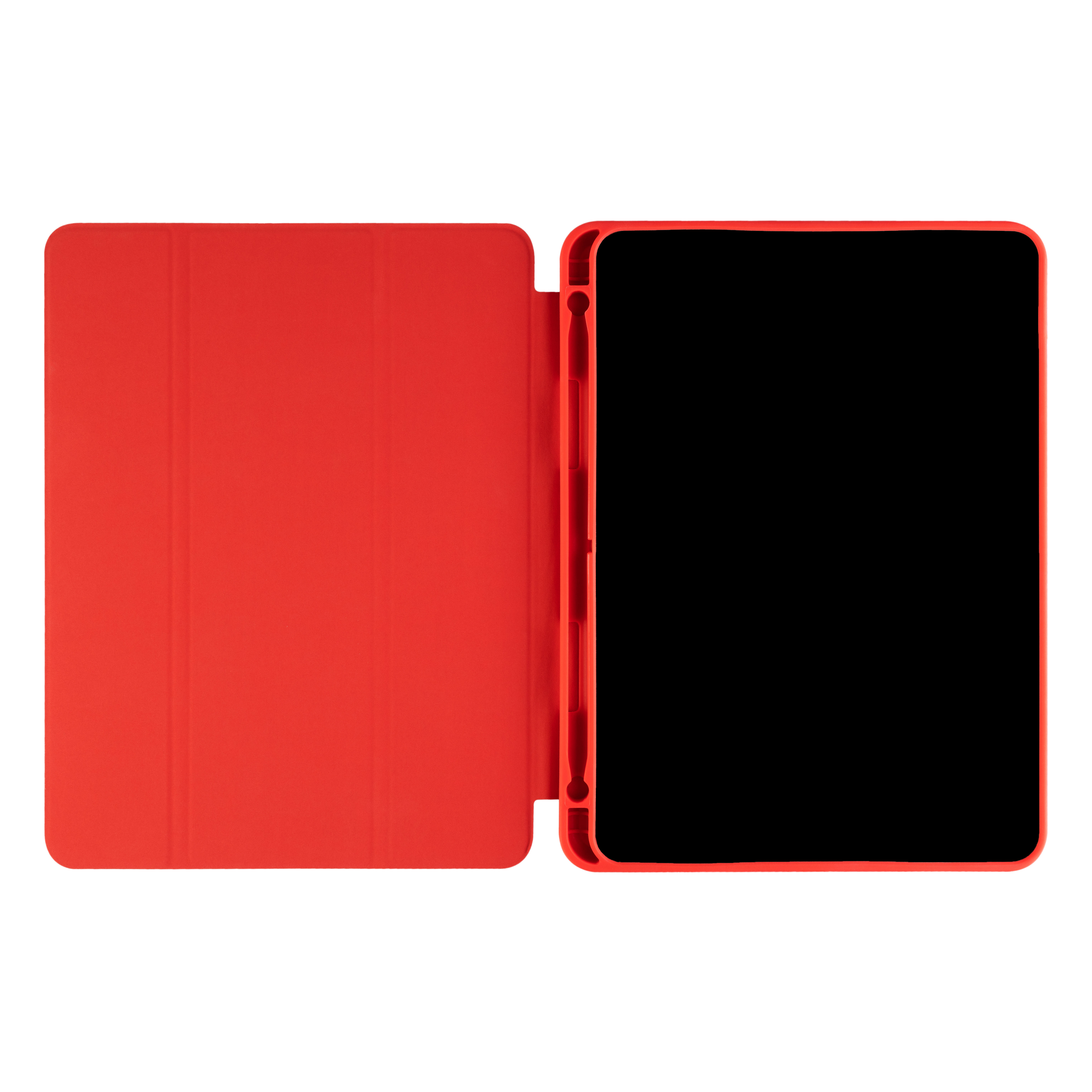 Ein rotes Tablet-Etui, geöffnet, mit schwarzem Bildschirm.