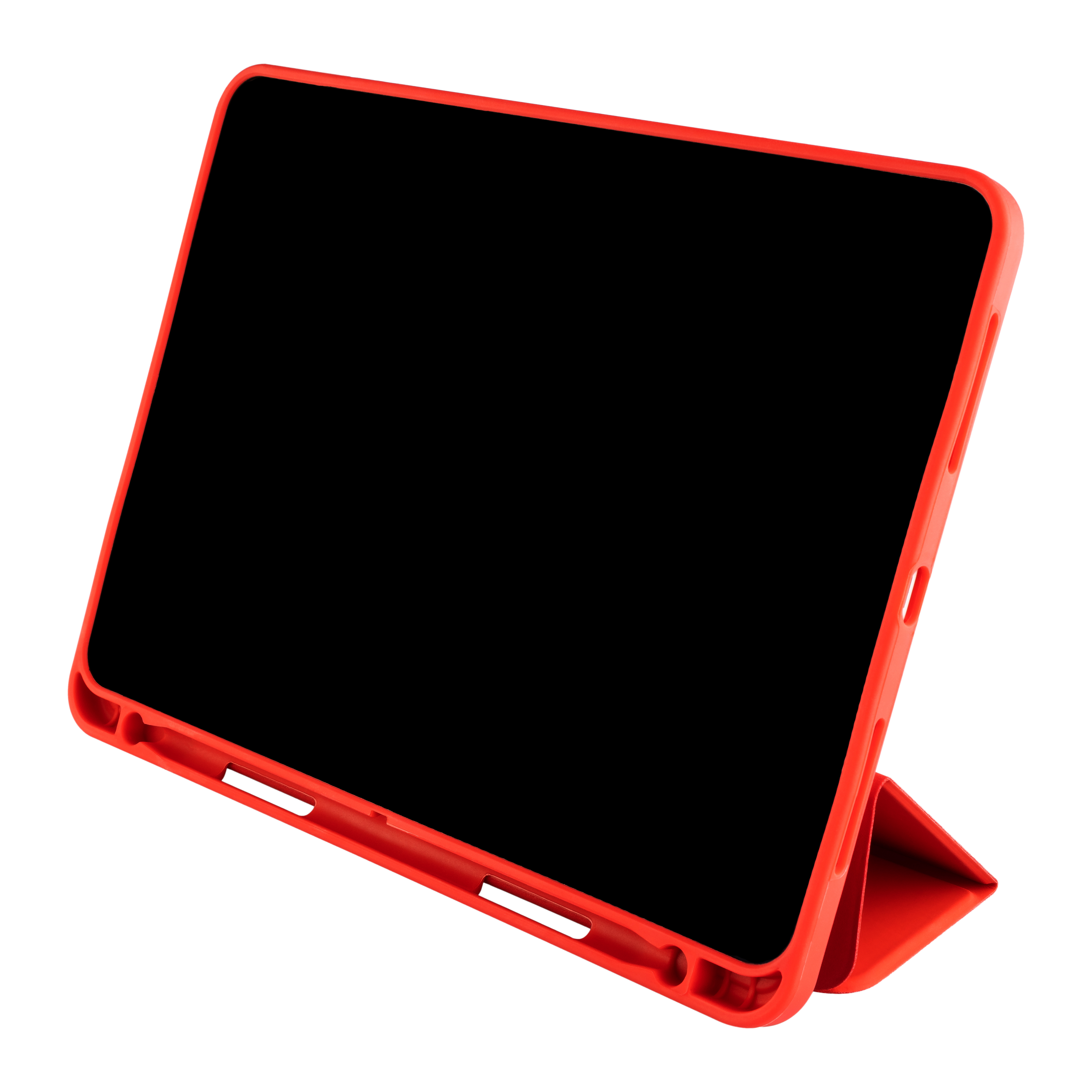Ein roter Tablet-Ständer mit schwarzem Bildschirm auf weißem Hintergrund.