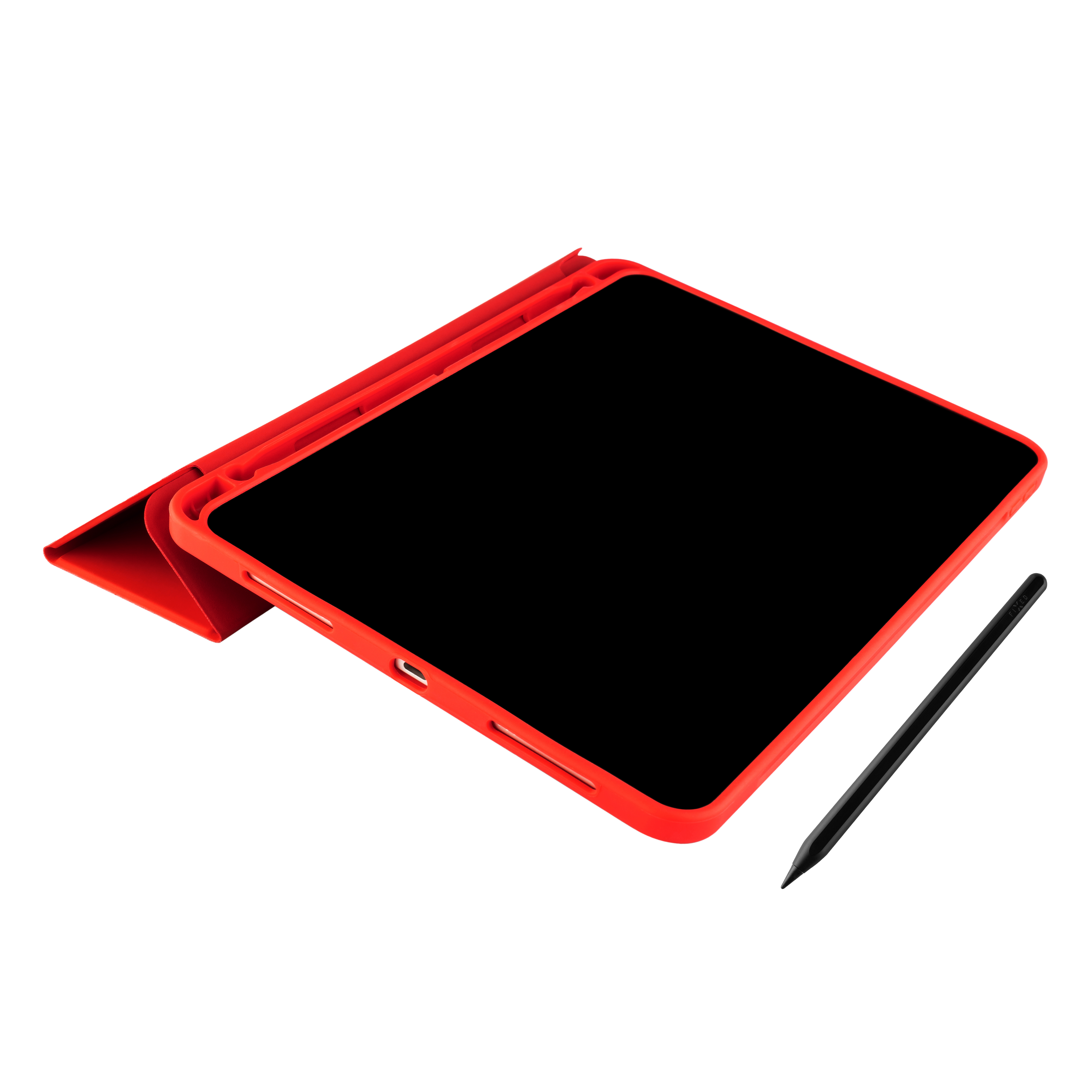 Ein rotes Tablet mit schwarzem Bildschirm und Stift auf weißem Hintergrund.