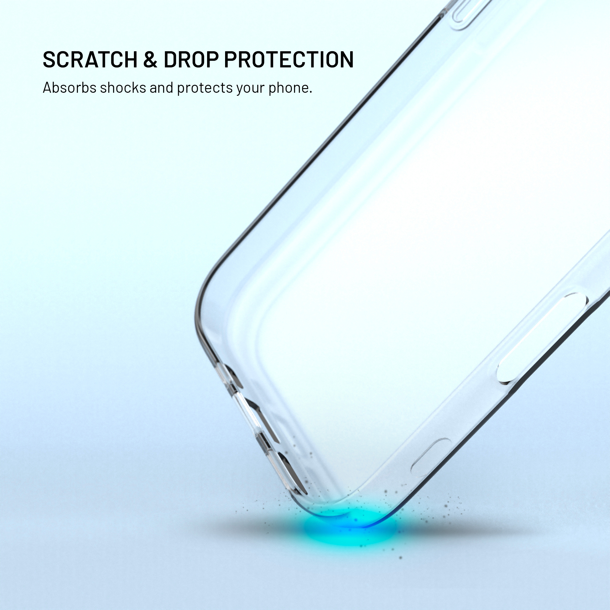 Transparente Handyhülle mit blauer Lichtshow, die Stoßdämpfung zeigt.