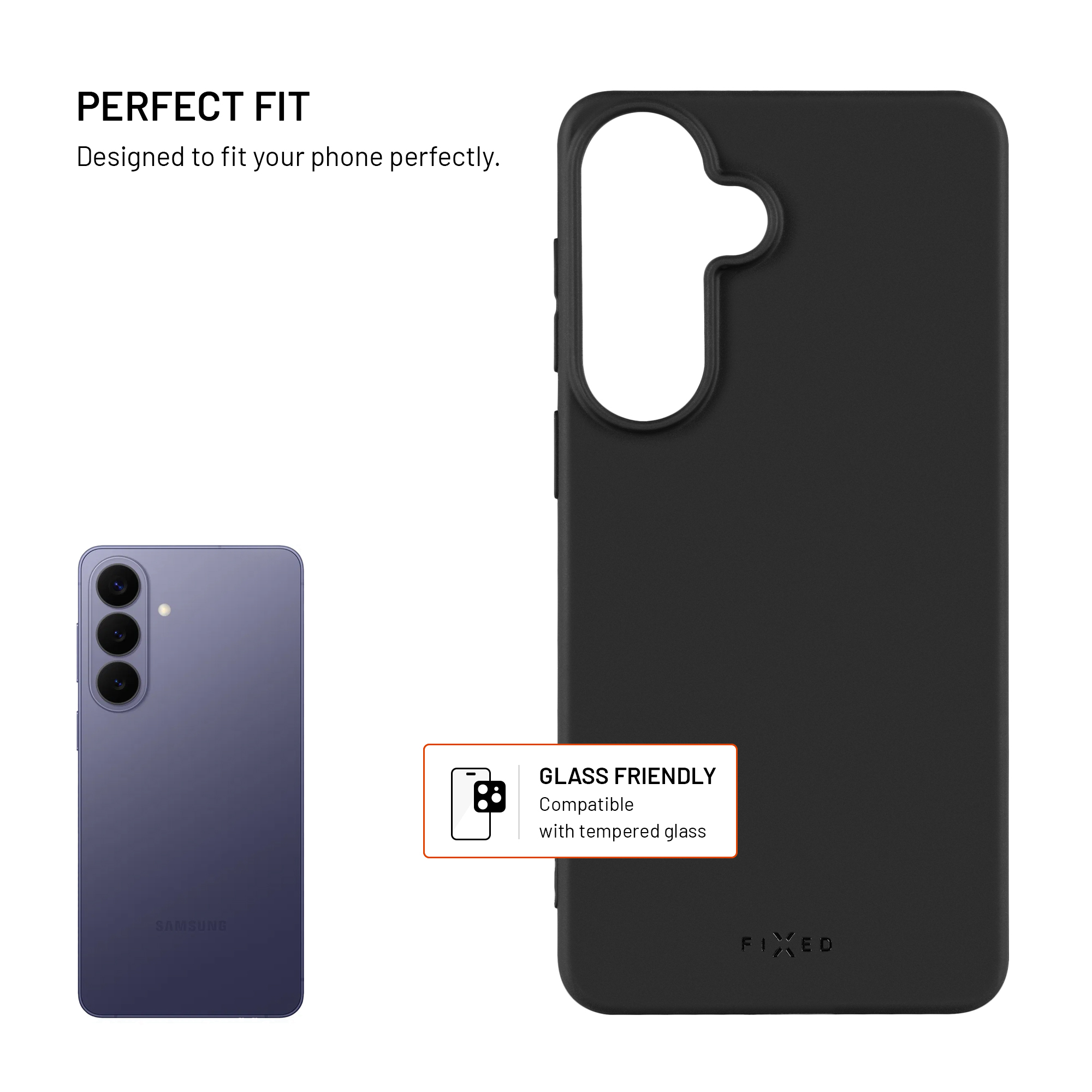 Schwarze Handyhülle neben lila Samsung Telefon. Perfekte Passform.