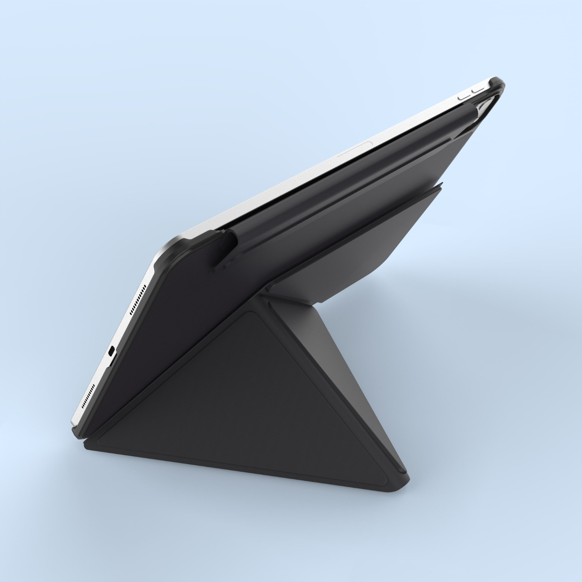Ein silbernes Tablet mit schwarzer Hülle steht auf einem hellblauen Hintergrund.