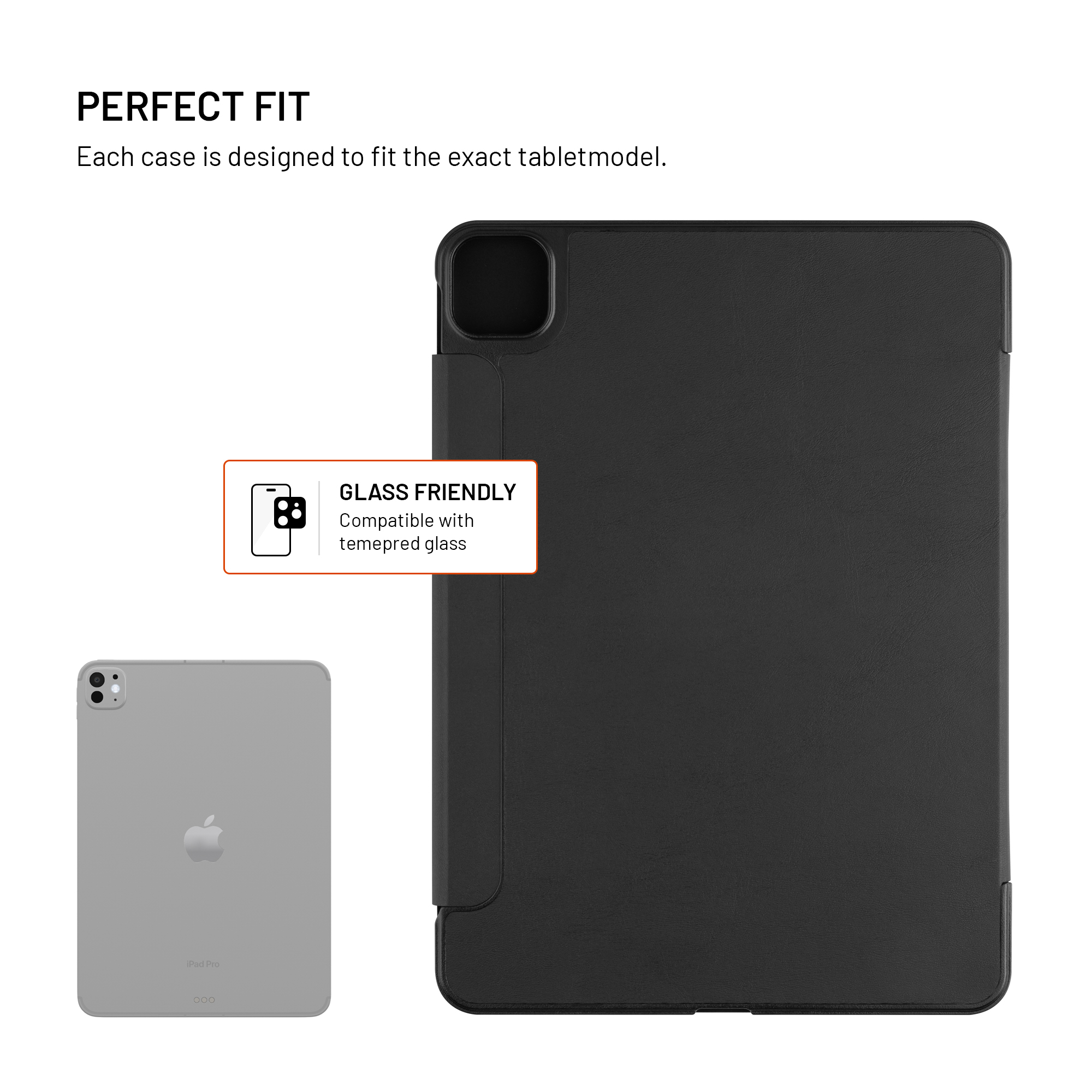 Ein schwarzes Tablet-Case liegt neben einem grauen iPad Pro. Glasfreundlich.