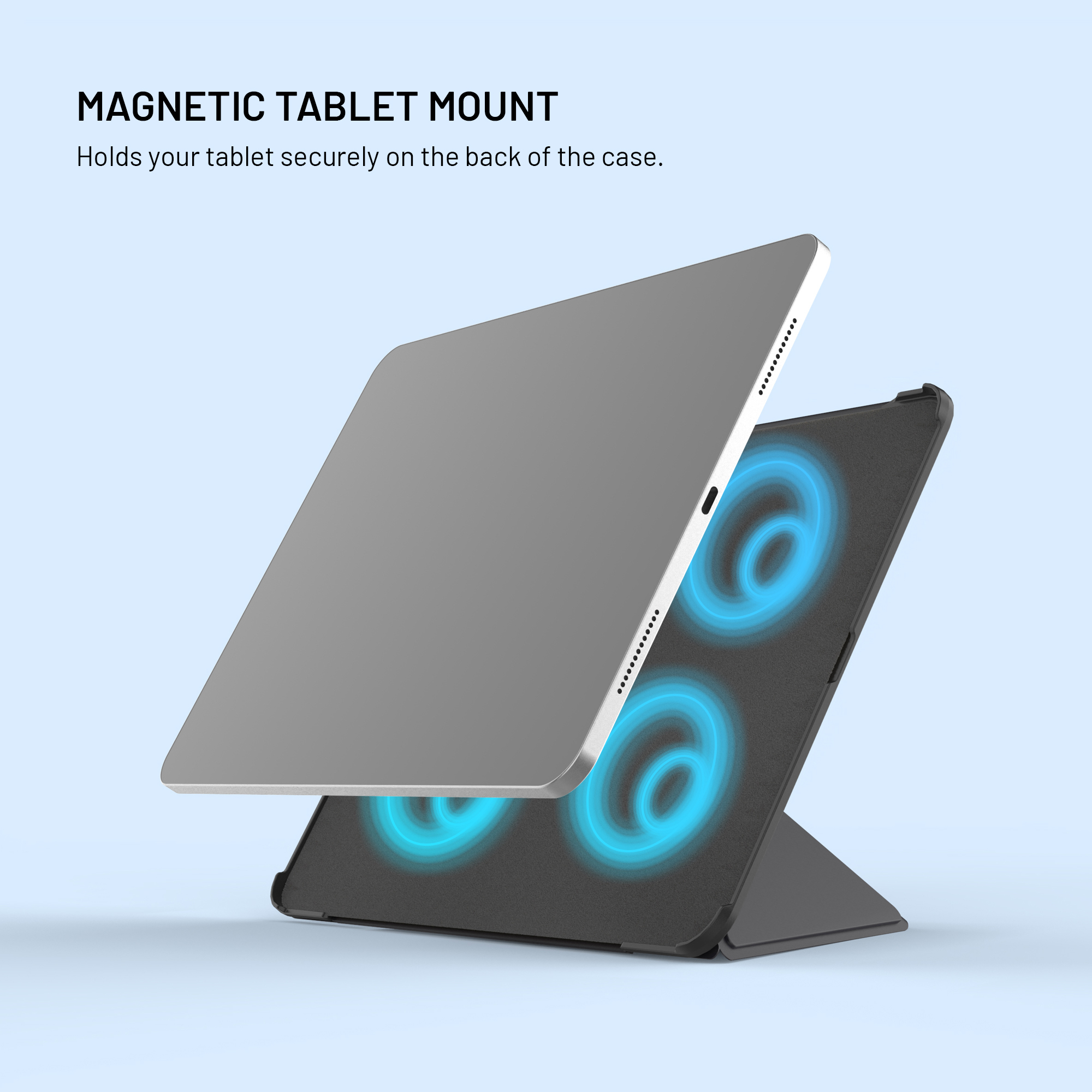 Ein silbernes Tablet wird magnetisch an einem schwarzen Tablet-Ständer befestigt.