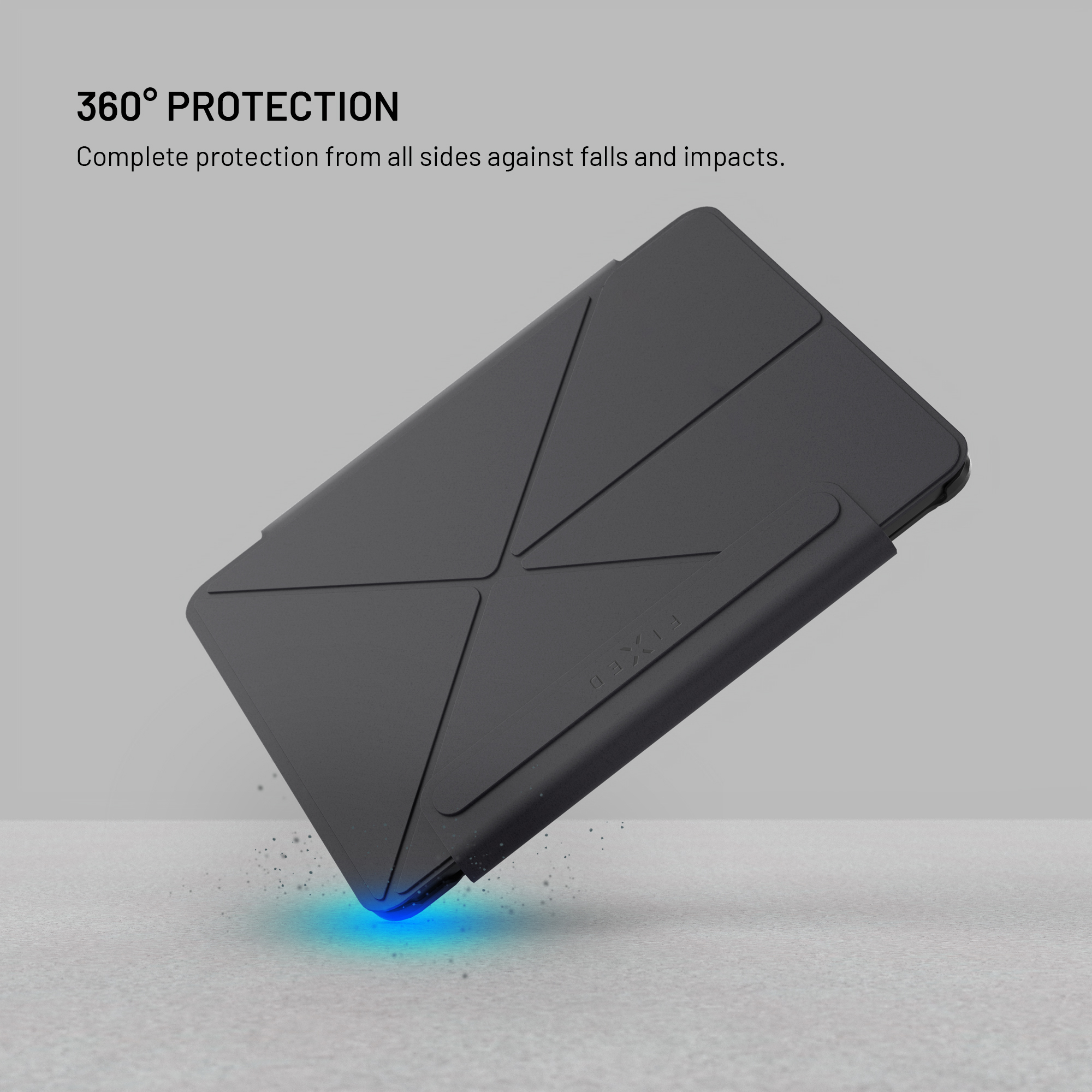 Schwarzer Tablet-Ständer mit 360°-Schutz vor Stürzen und Stößen.