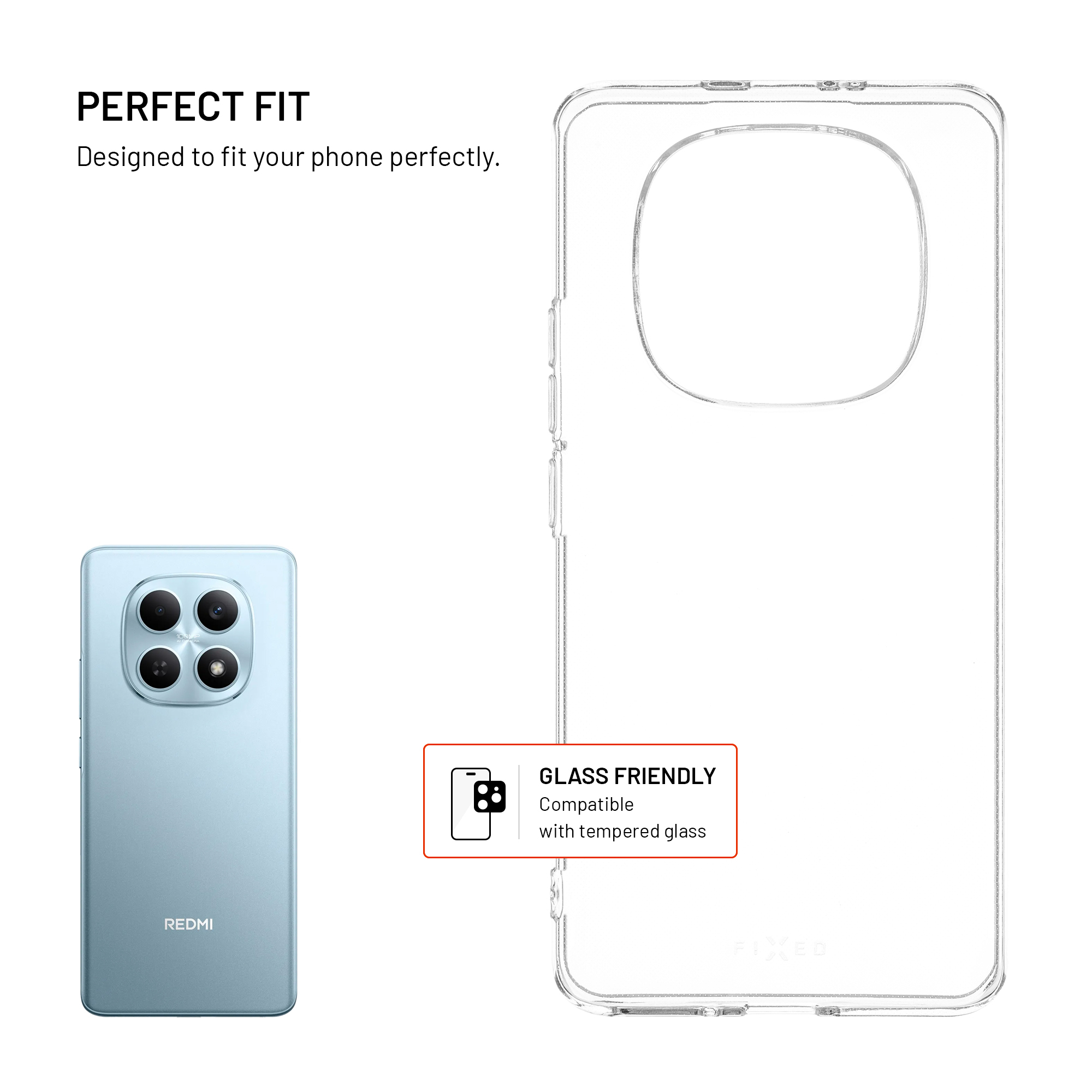 Ein hellblaues Smartphone mit vier Kameras neben einer transparenten Handyhülle.