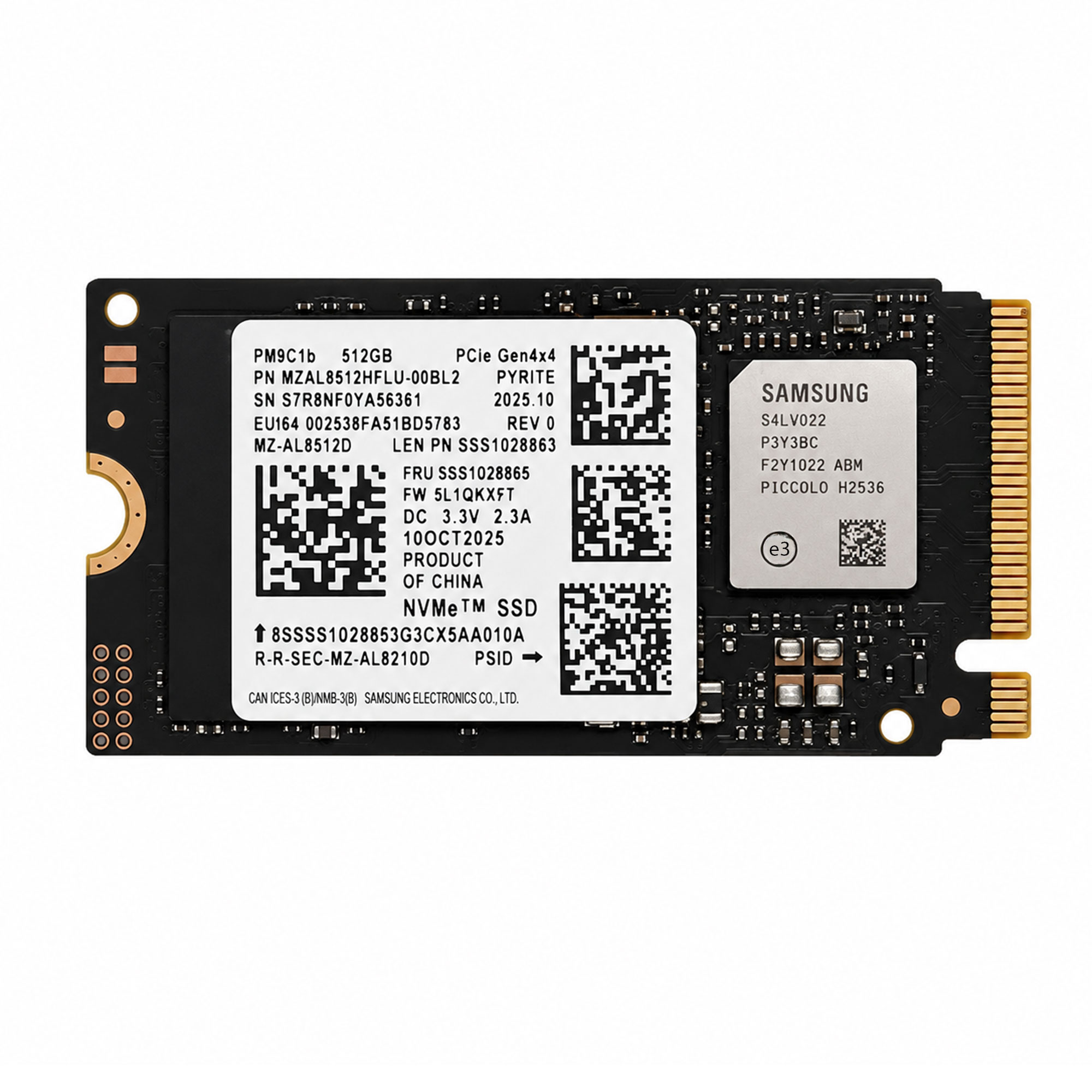 Samsung 512GB NVMe SSD, PCIe Gen4x4. Altın konektörlü siyah PCB.