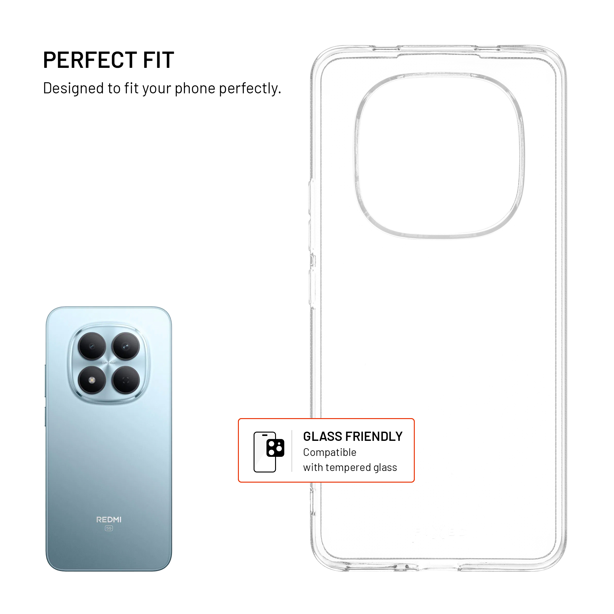 Ein blaues Handy mit vier Kameras und eine durchsichtige Handyhülle. Text: PERFECT FIT.