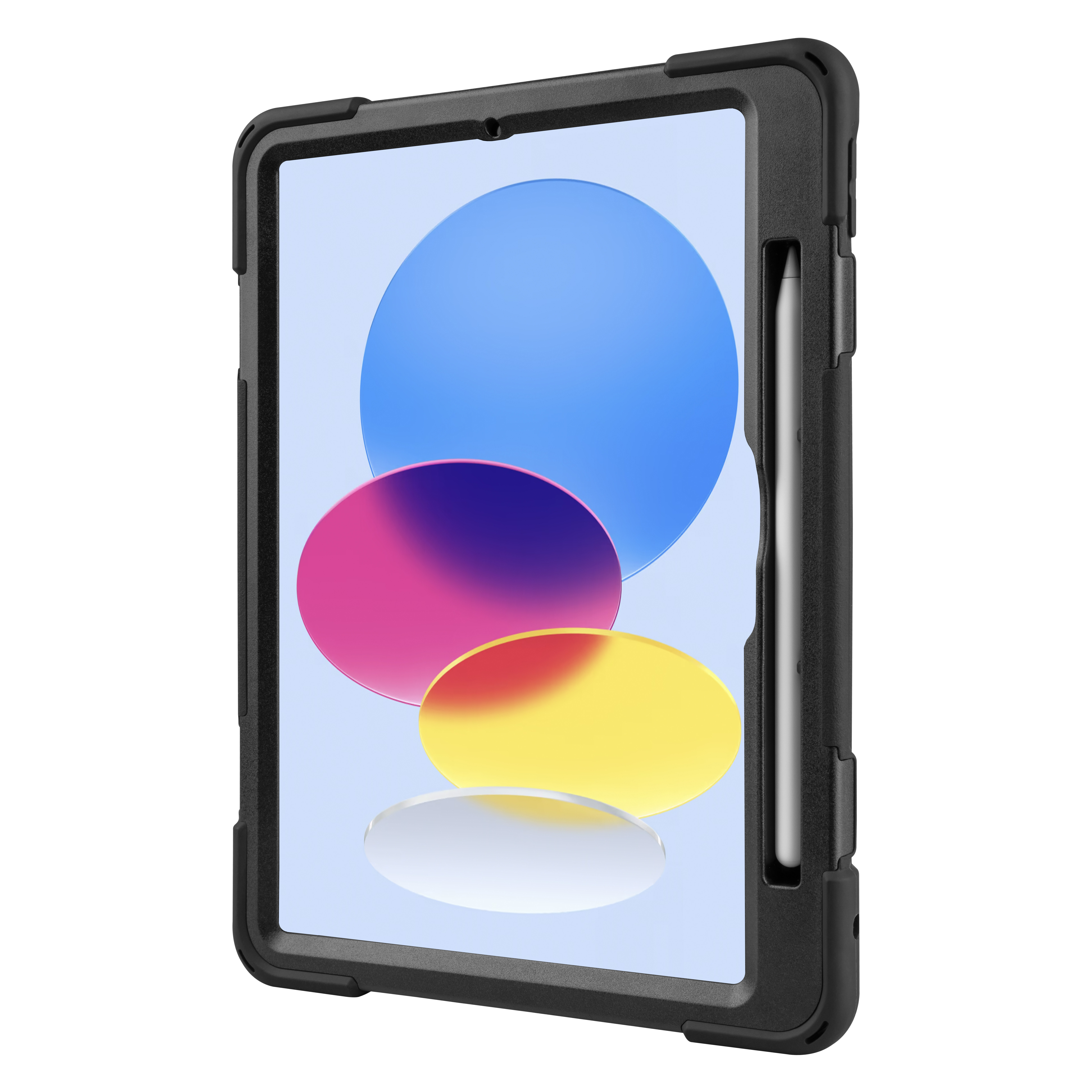 Schwarzes Tablet mit Stift in einer robusten Hülle, bunte Kreise auf dem Bildschirm.