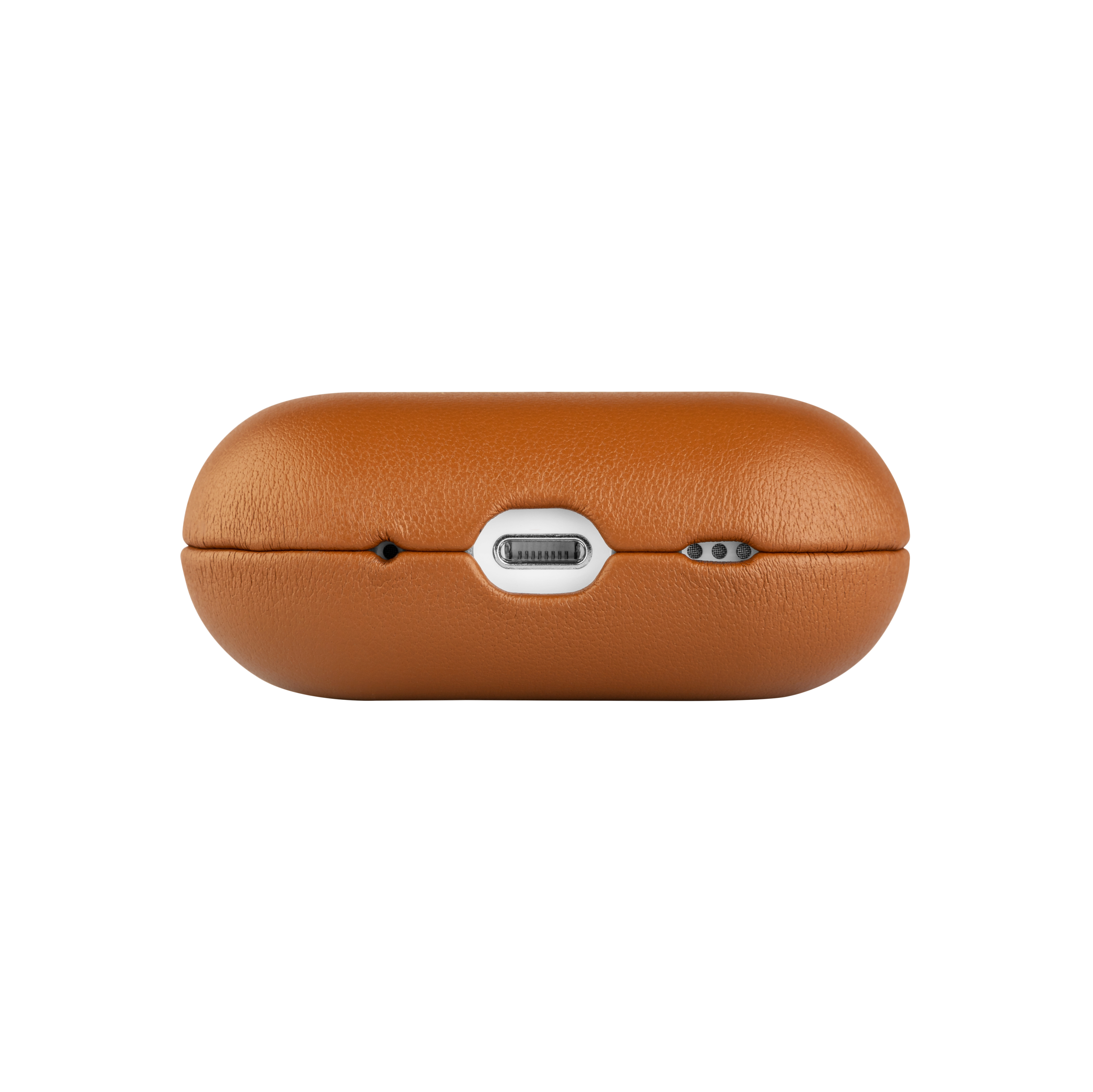 Braune Lederhülle mit USB-C-Anschluss und Ladeanzeige.