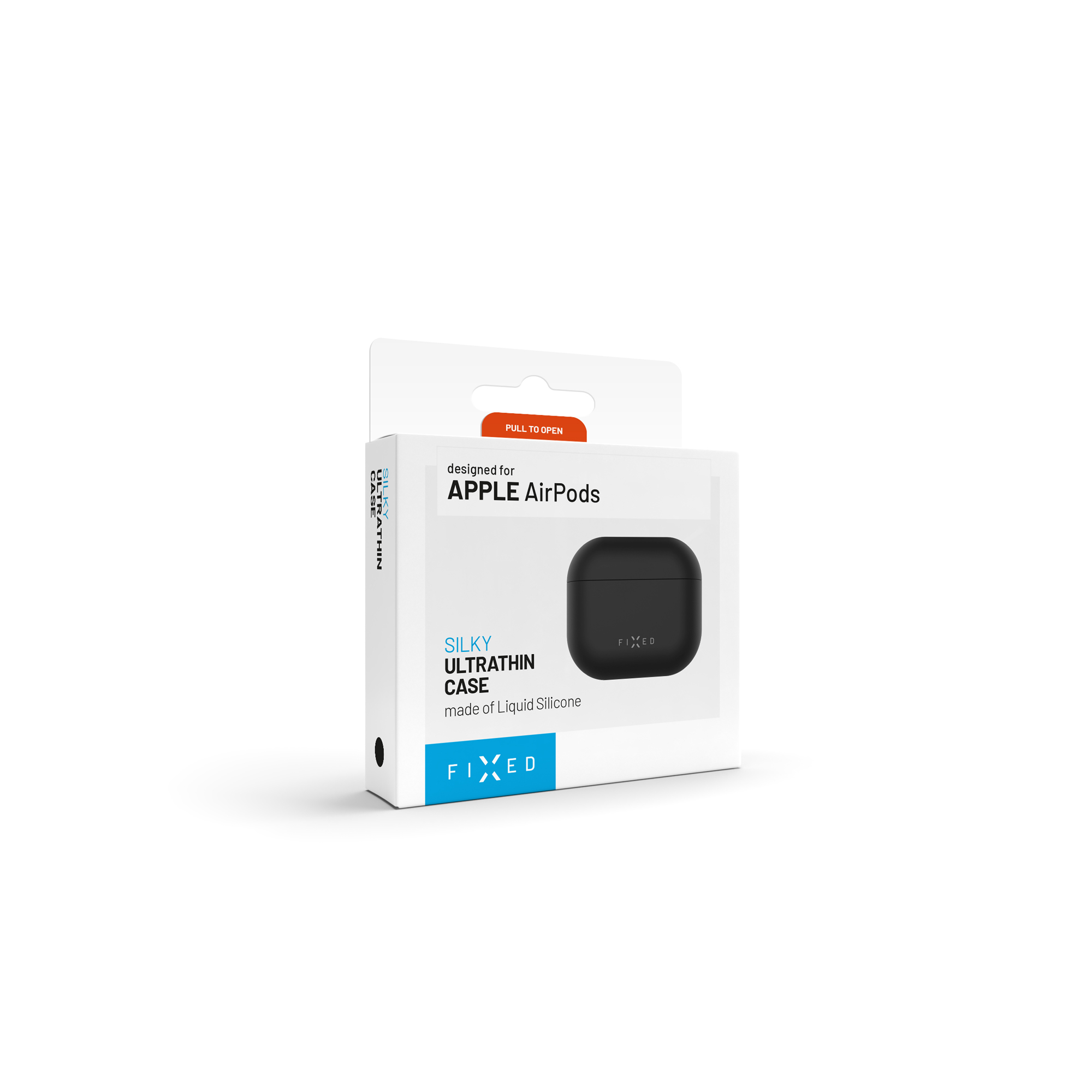 Verpackung für schwarze Apple AirPods Hülle aus Silikon.