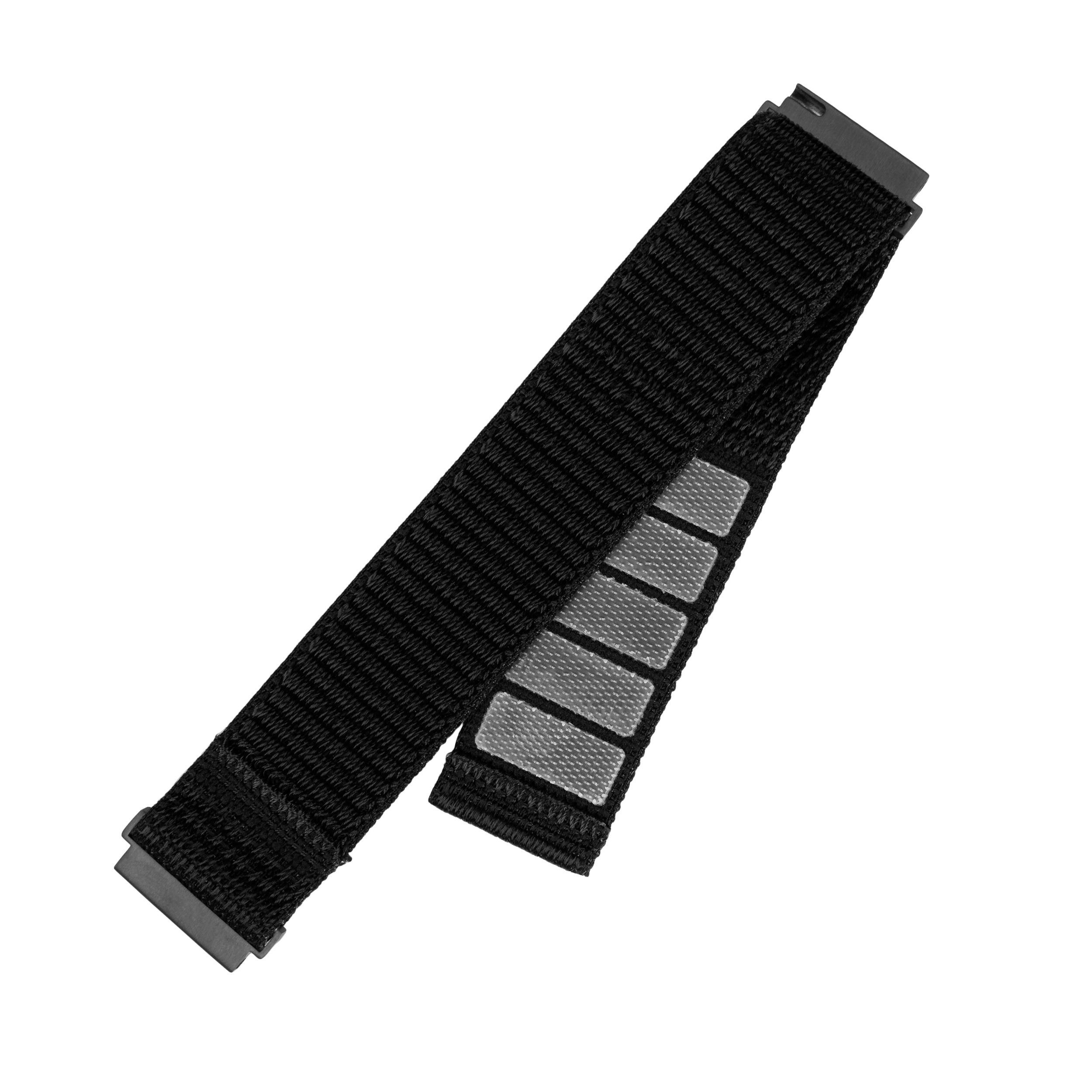 Schwarzes Armband mit vier grauen Streifen und schwarzem Verschluss.