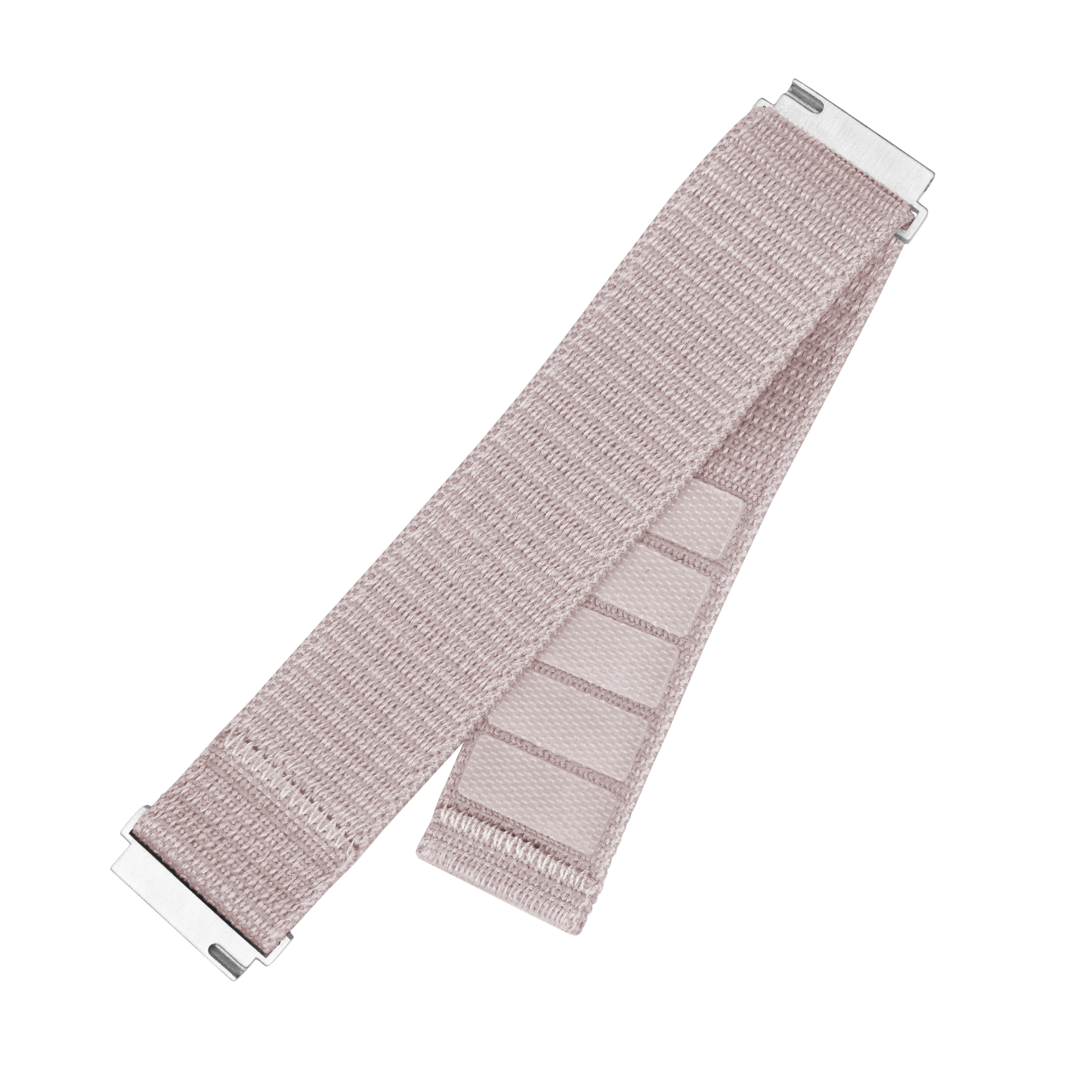 Ein hellgraues Armband mit Metallschnallen und Klettverschluss-Streifen.