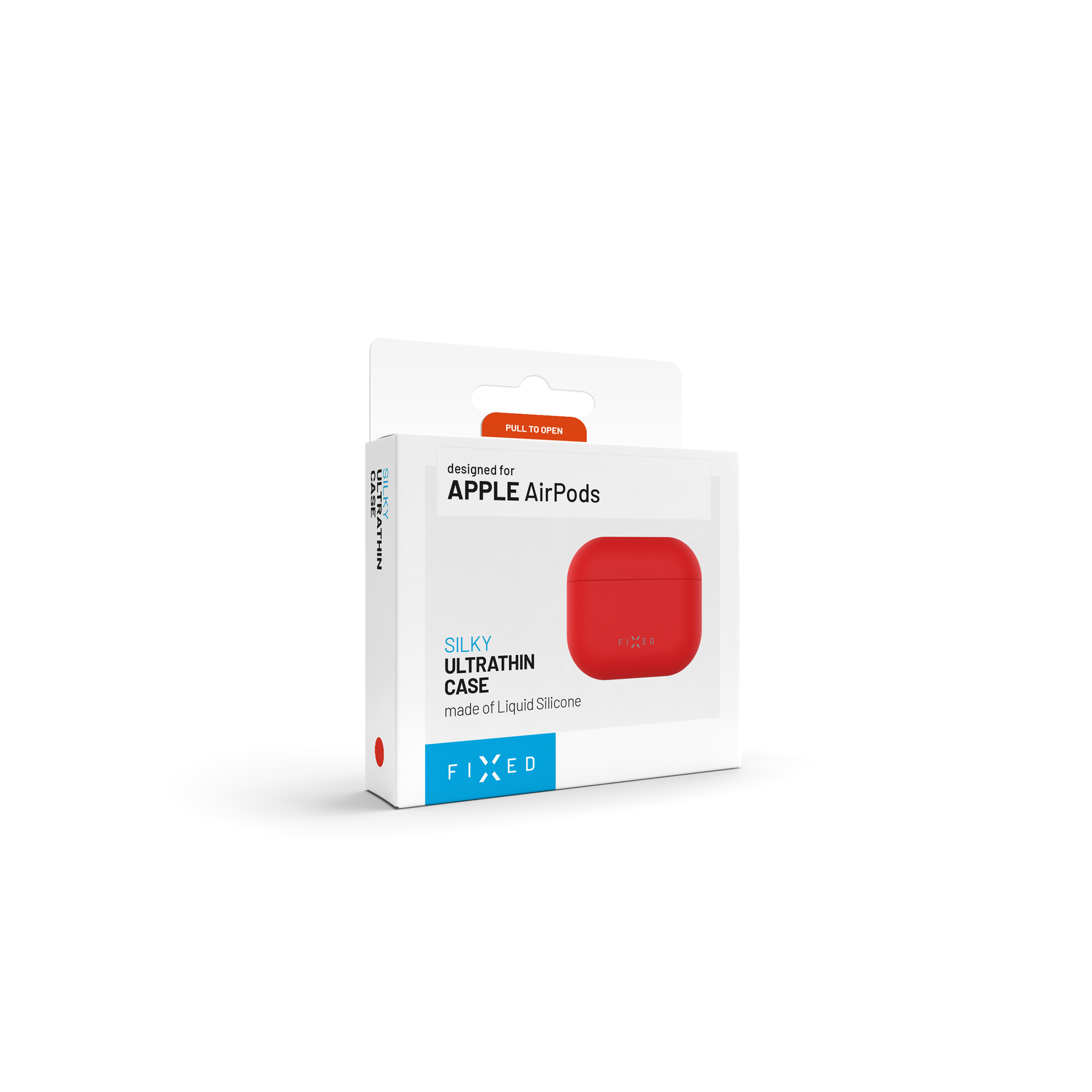 Verpackung für eine rote Apple AirPods Hülle aus Silikon.