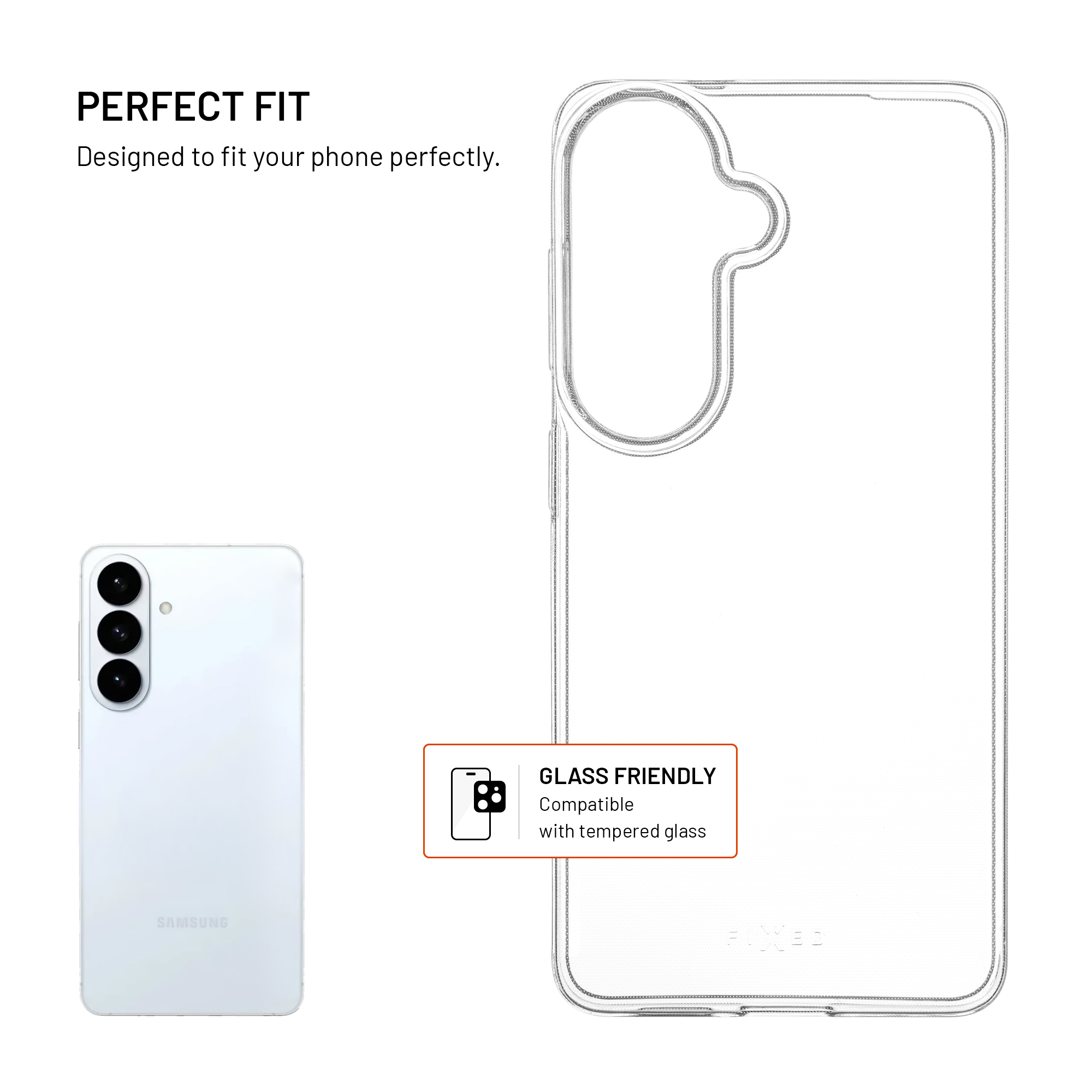 Ein weißes Samsung-Telefon neben einer klaren Handyhülle.