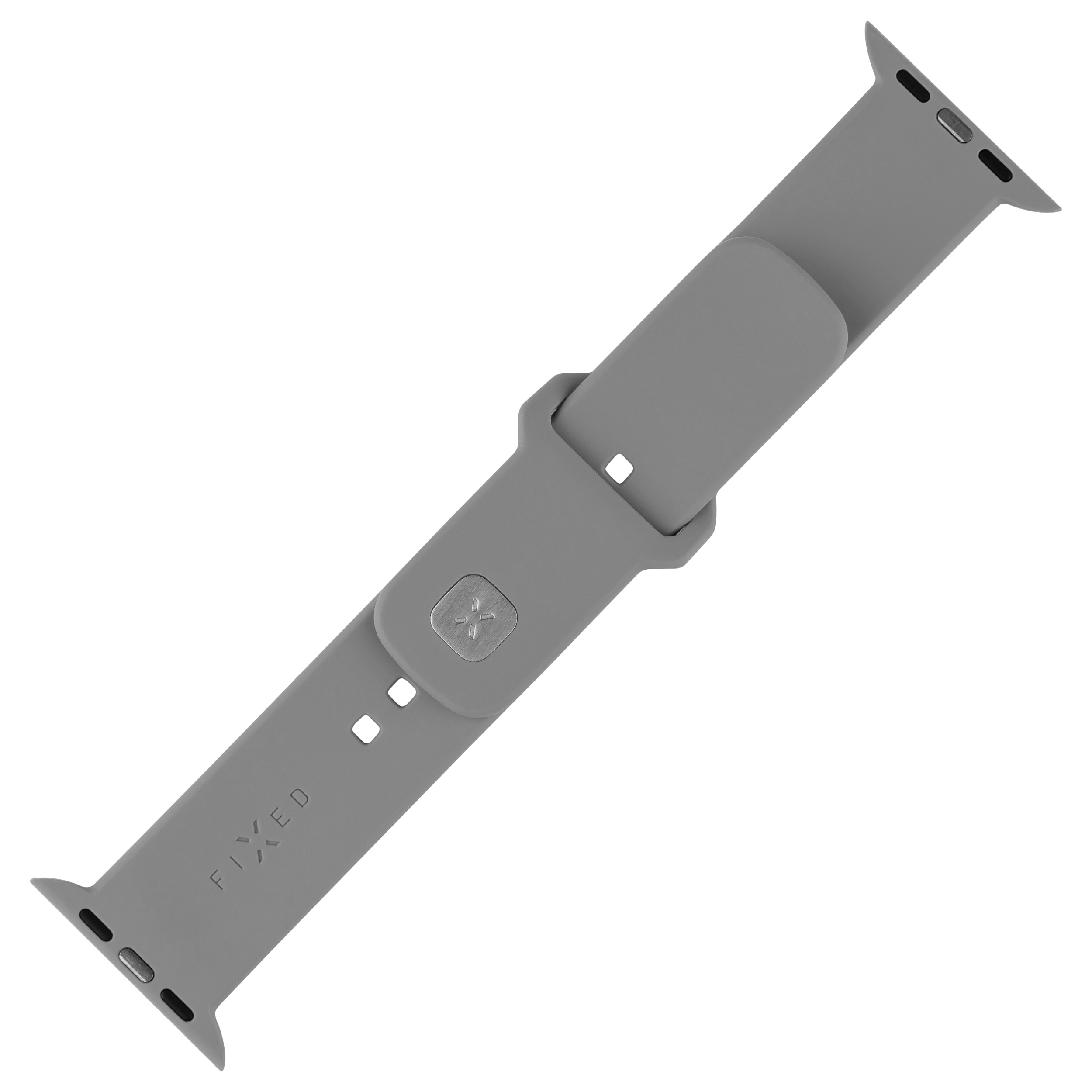 Graues Uhrenarmband mit silbernem Logo und Beschriftung 'FIXED'.