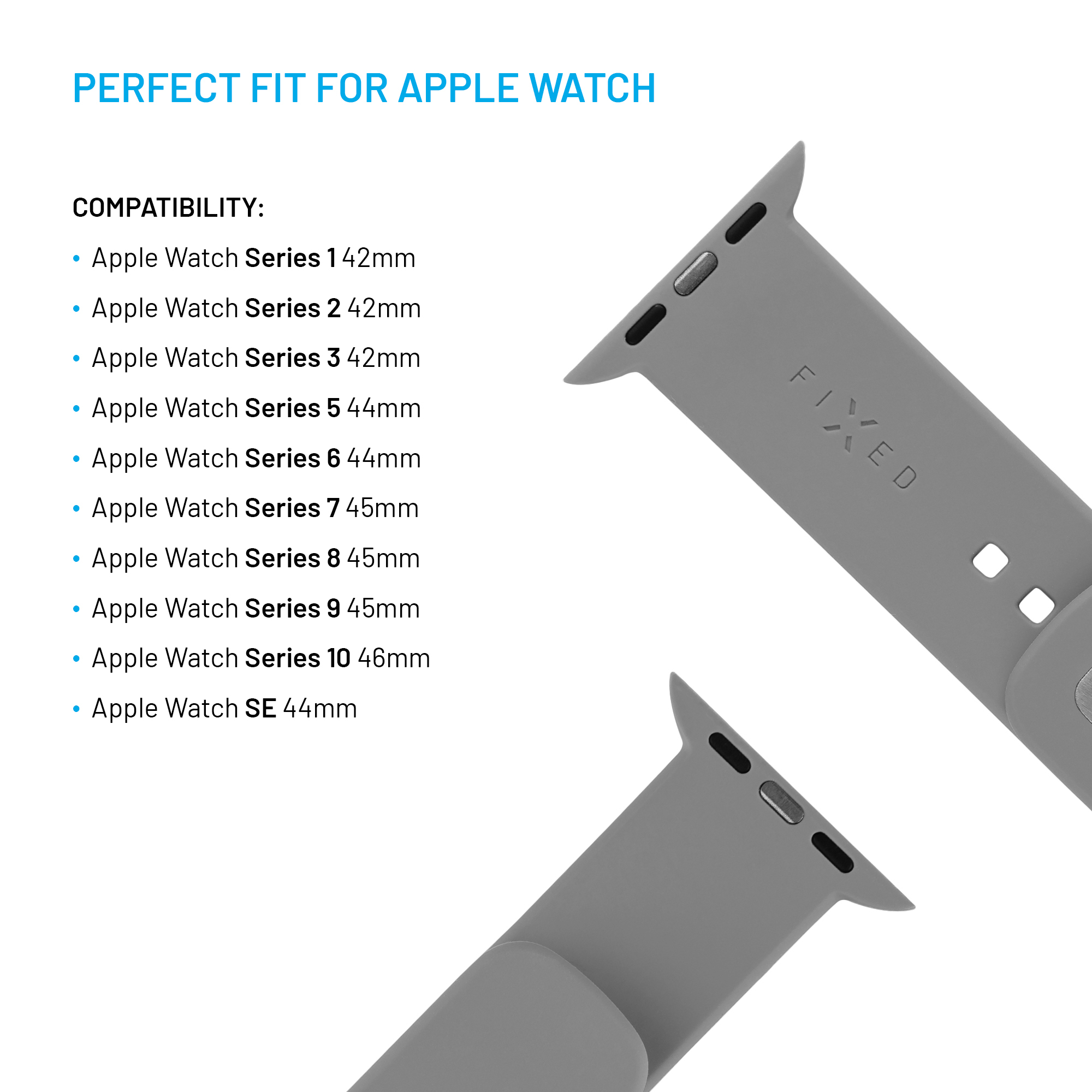 Graues Apple Watch Armband mit Kompatibilitätsliste.