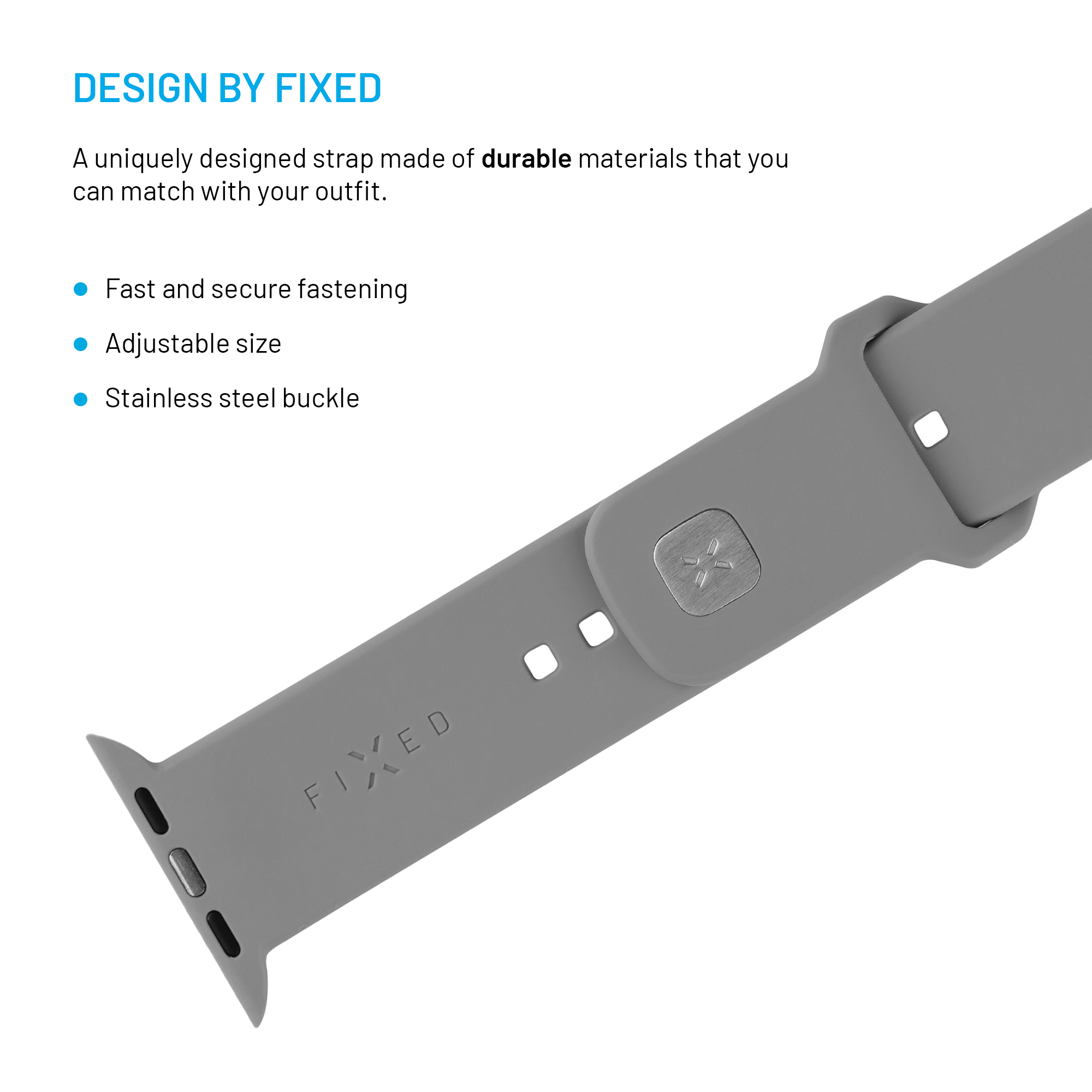 Graues Armband mit silberner Schnalle, das FIXED-Logo ist eingeprägt.