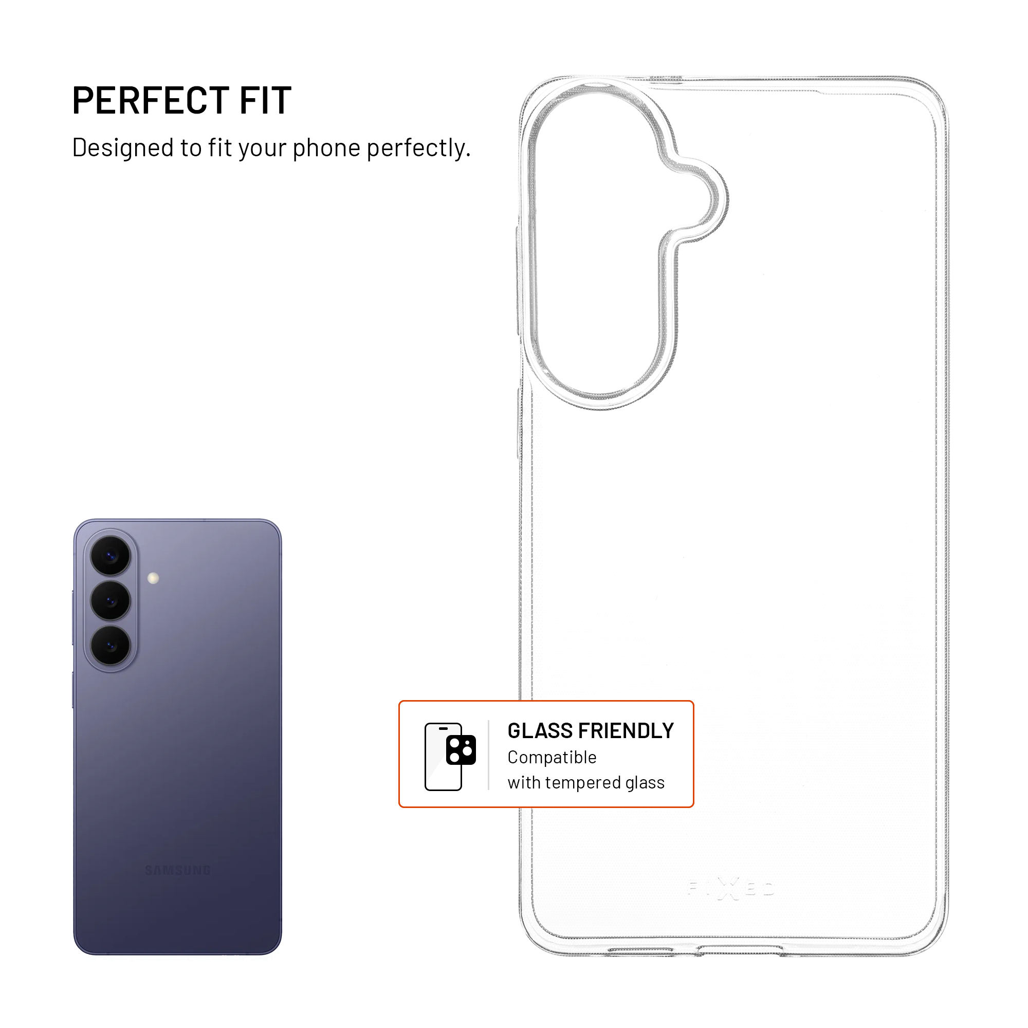Ein violetter Samsung-Telefon und eine transparente Handyhülle.