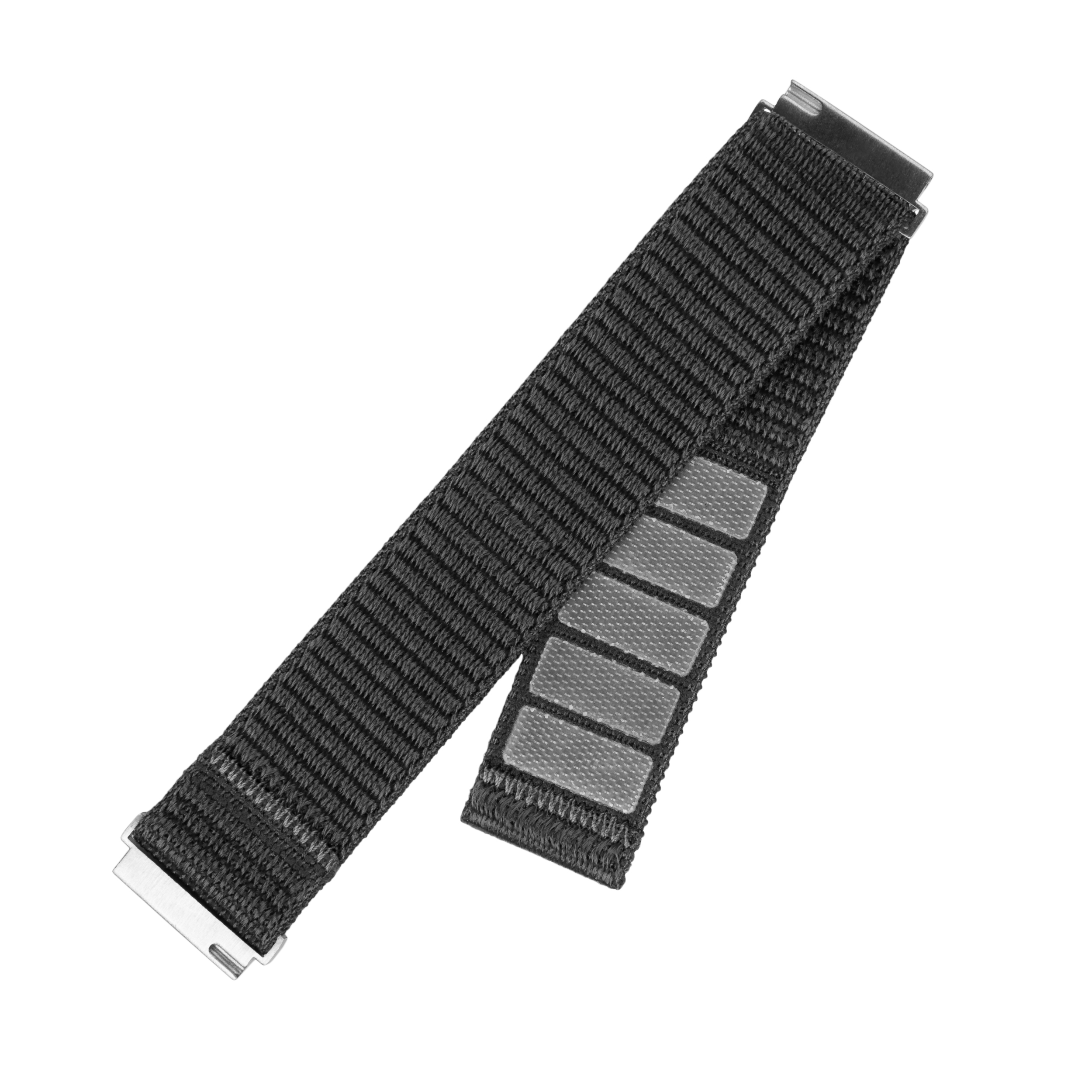 Schwarzes Stoffarmband mit silbernen Metallanschlüssen und vier transparenten Streifen.