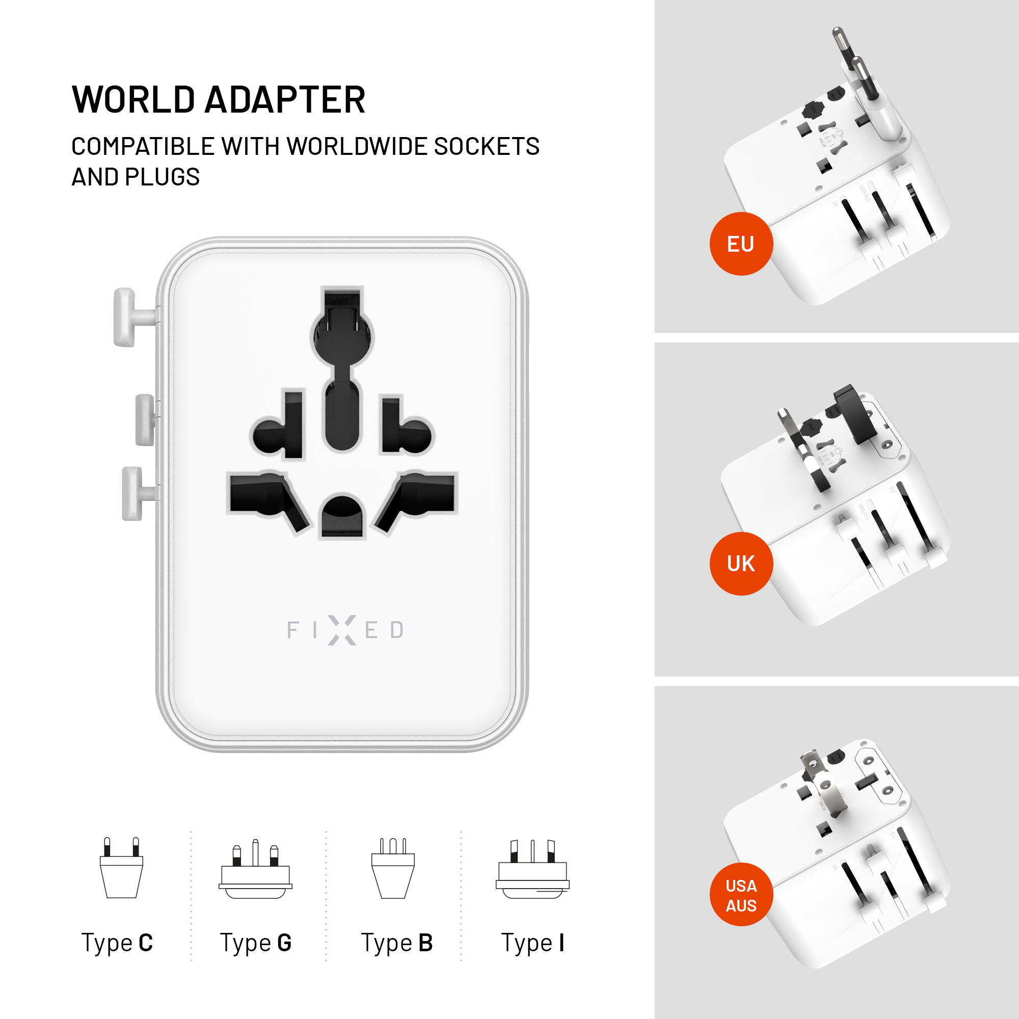 Ein weißer Weltadapter mit verschiedenen Steckdosen und Steckertypen: C, G, B, I.