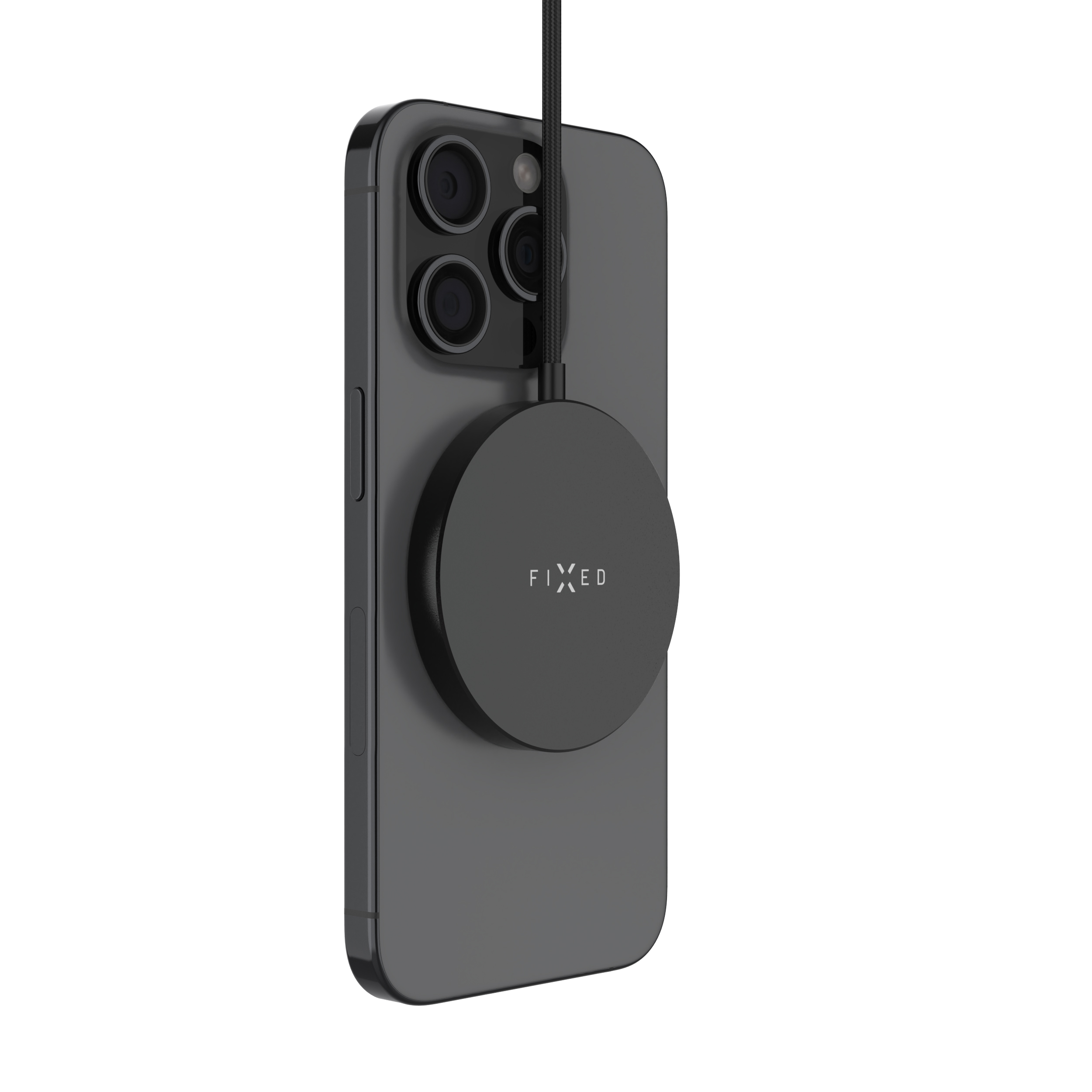 Schwarzes iPhone mit magnetischem Ladegerät, das am unteren Teil befestigt ist.