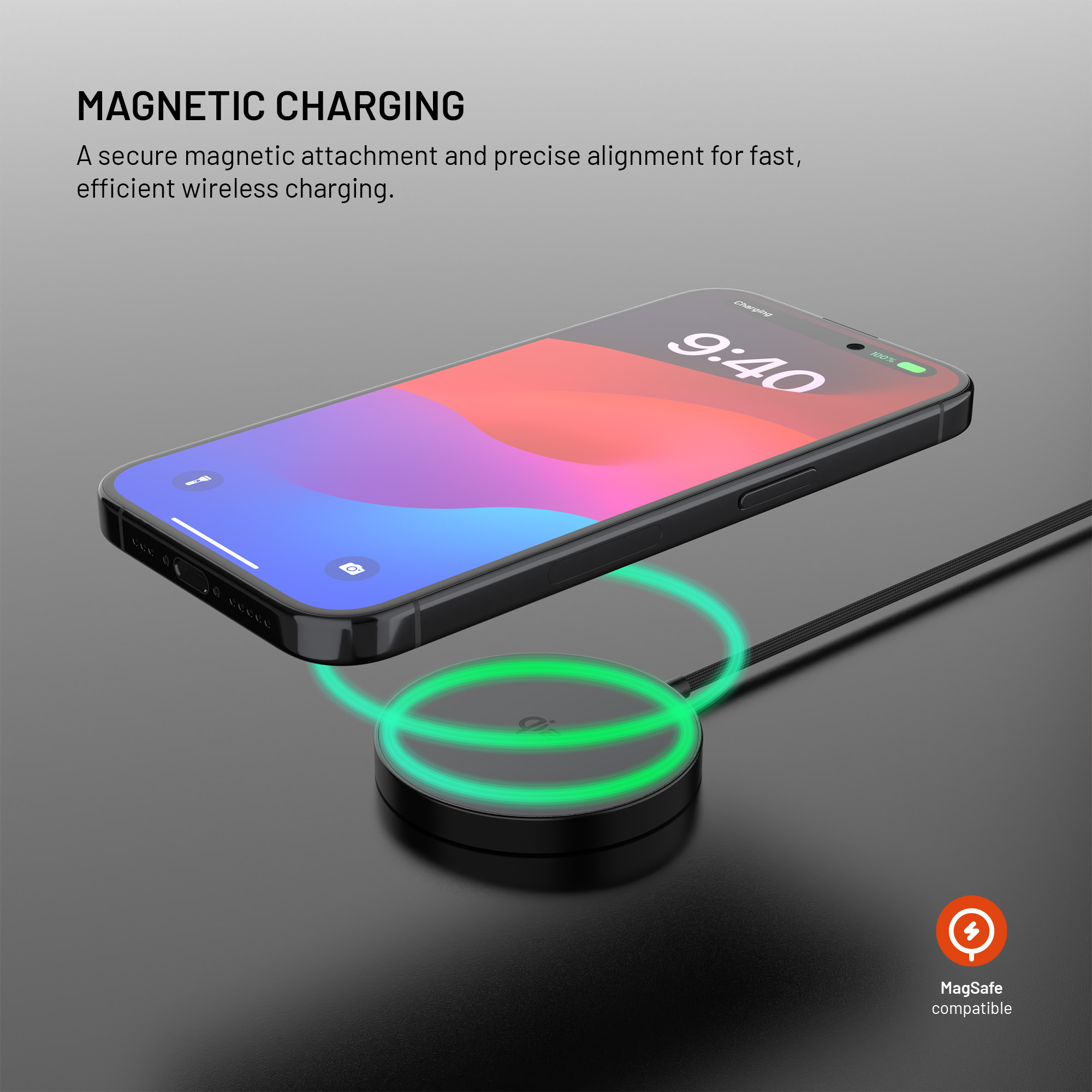 Ein schwarzes Smartphone mit MagSafe-Ladegerät, das bei 100% geladen wird.