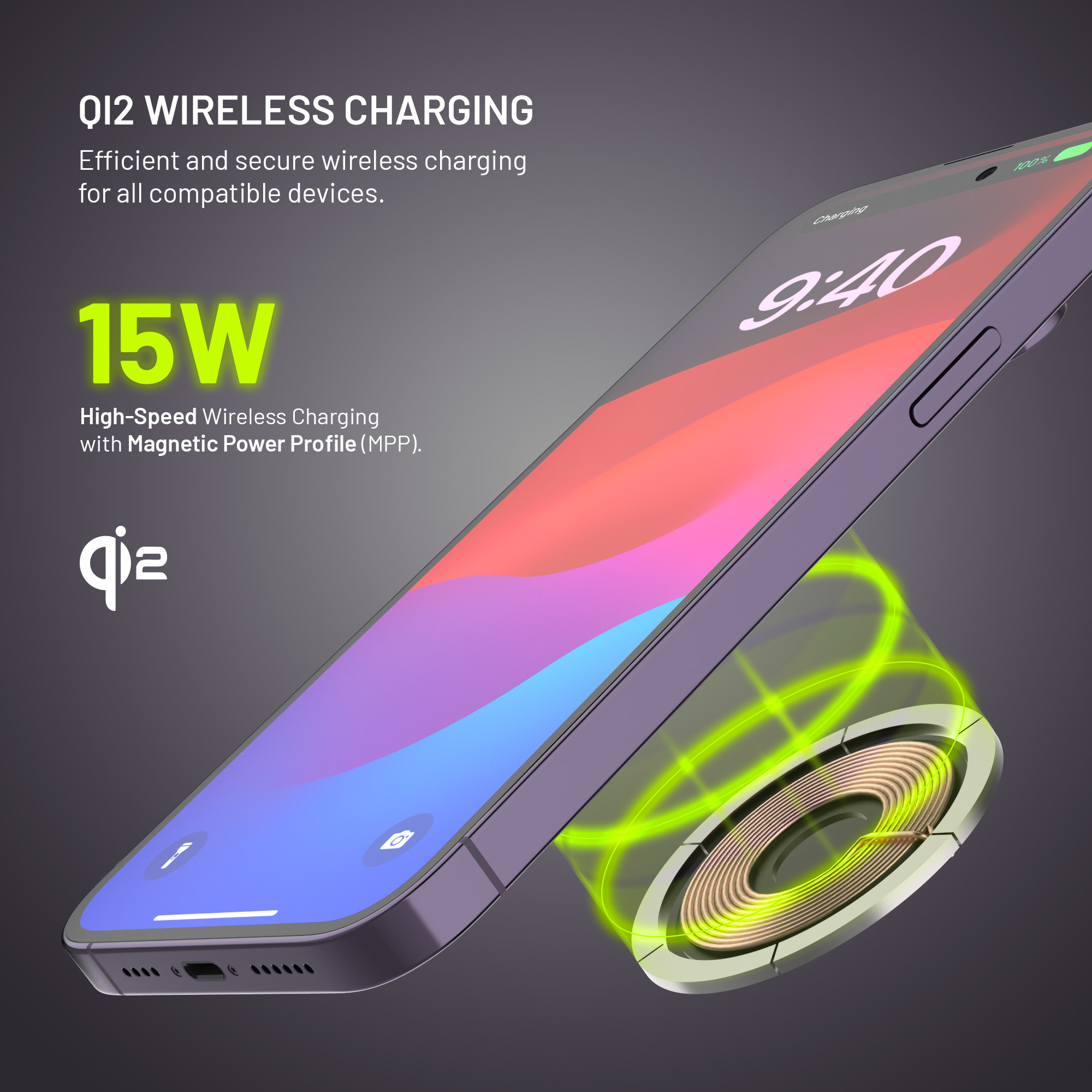 Ein Smartphone lädt drahtlos auf einer Qi2-Ladestation mit 15W.