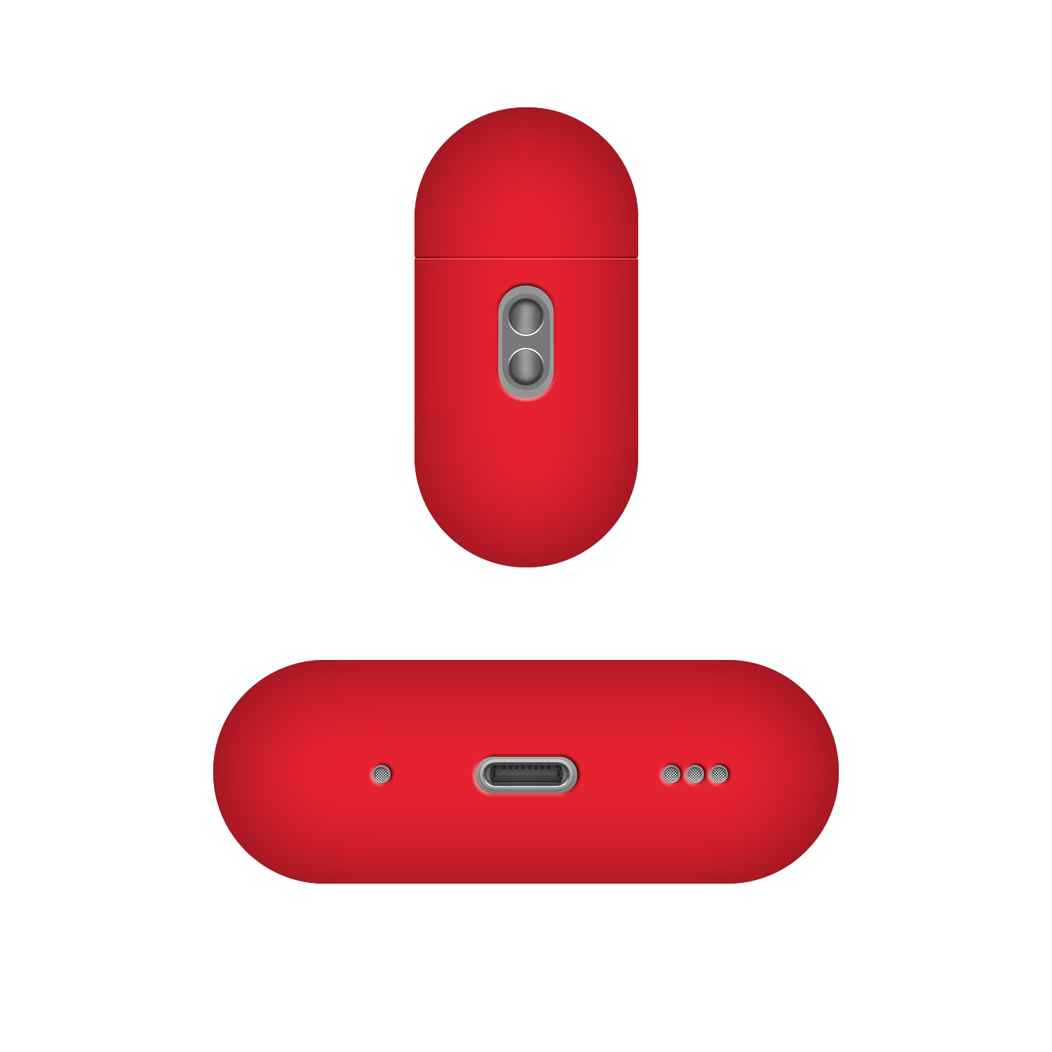 Rotes Ladecase mit zwei Ansichten: oben und unten. Unten mit USB-C.