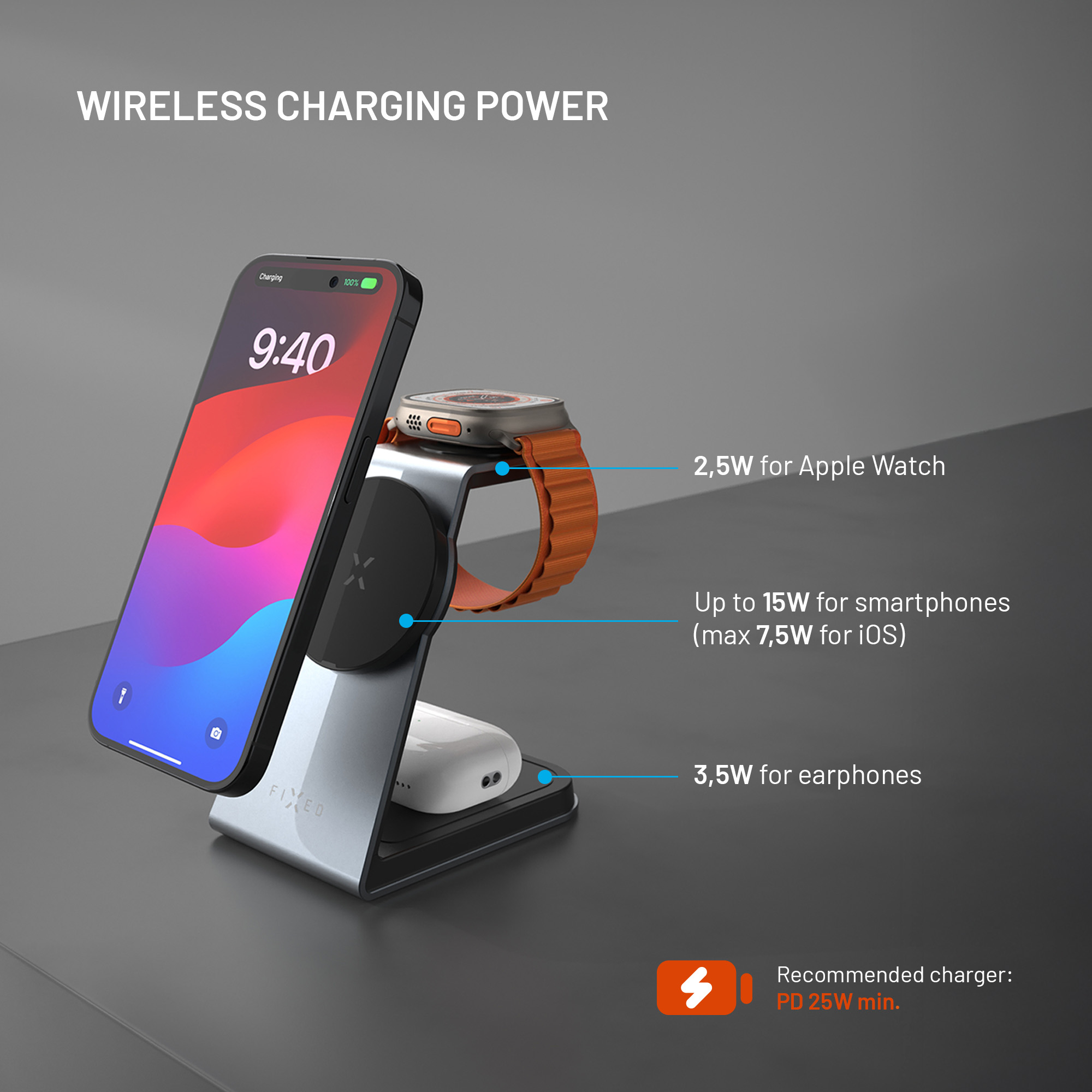 Kabellose Ladestation mit Smartphone, Apple Watch und Ohrhörern.