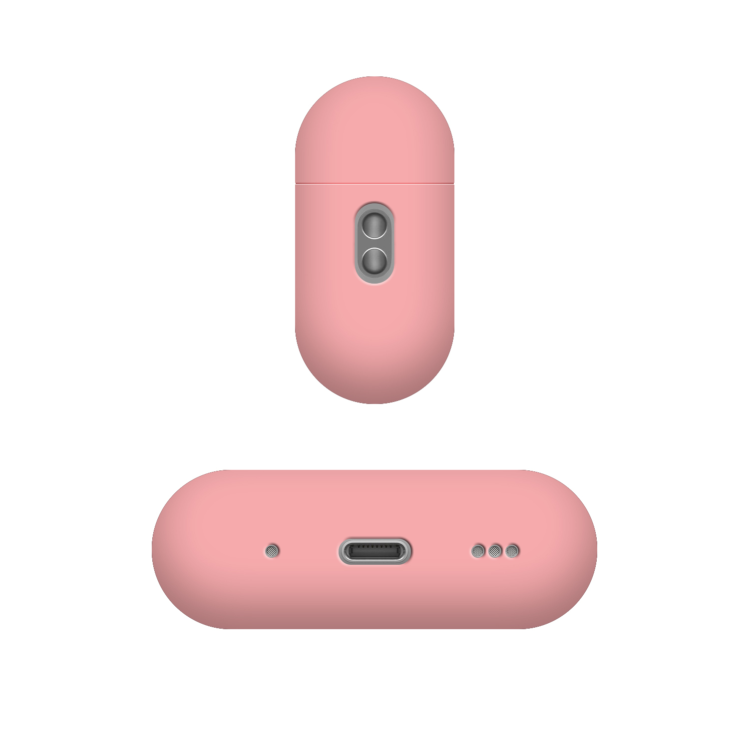 Rosa Kopfhörerhülle von oben und unten, mit Knöpfen und USB-C-Anschluss.
