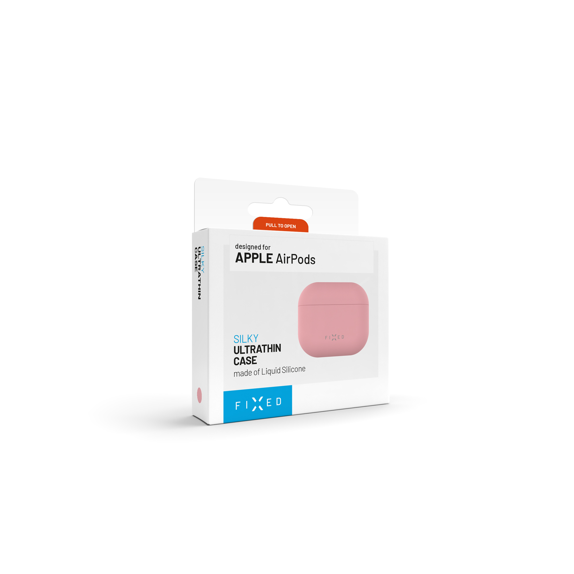 Verpackung für AirPods-Hülle aus rosa Silikon, mit Aufdruck.