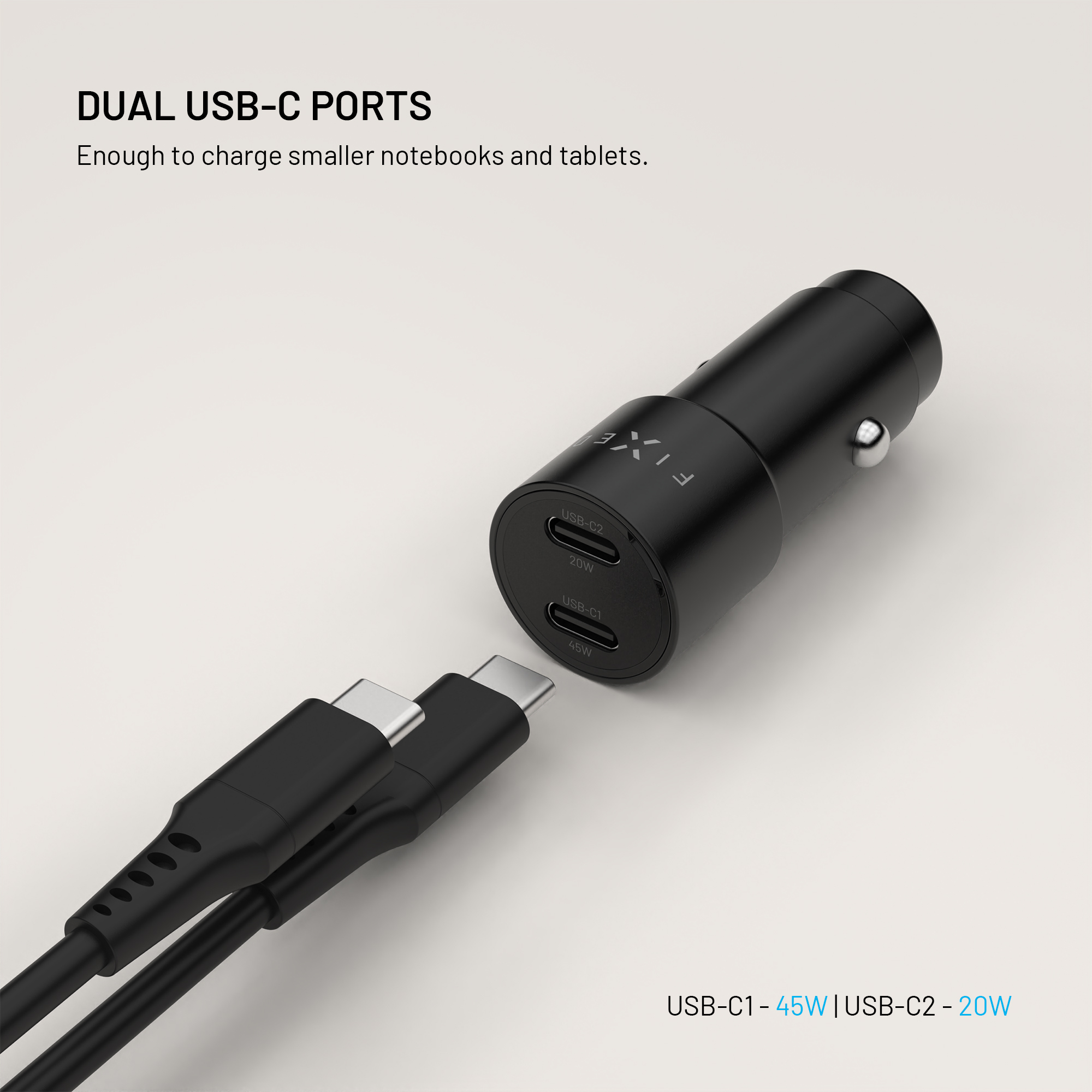 Schwarzer Dual-USB-C-Autoladegerät mit zwei Kabeln, 45W und 20W.