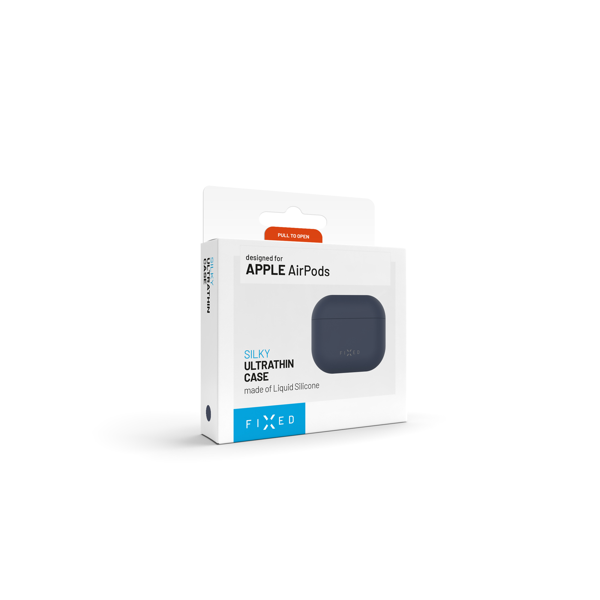 Verpackung für Apple AirPods Hülle, dunkelblau, aus Silikon.