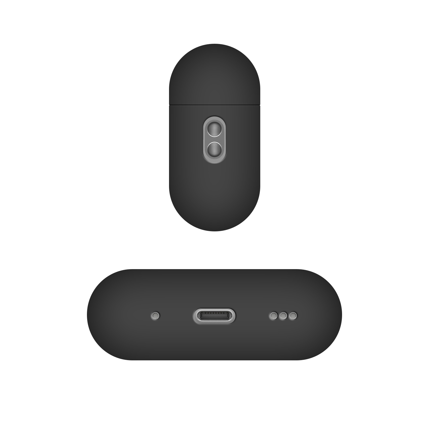 Schwarzes Ladeetui mit zwei Knöpfen oben und USB-C-Anschluss unten.