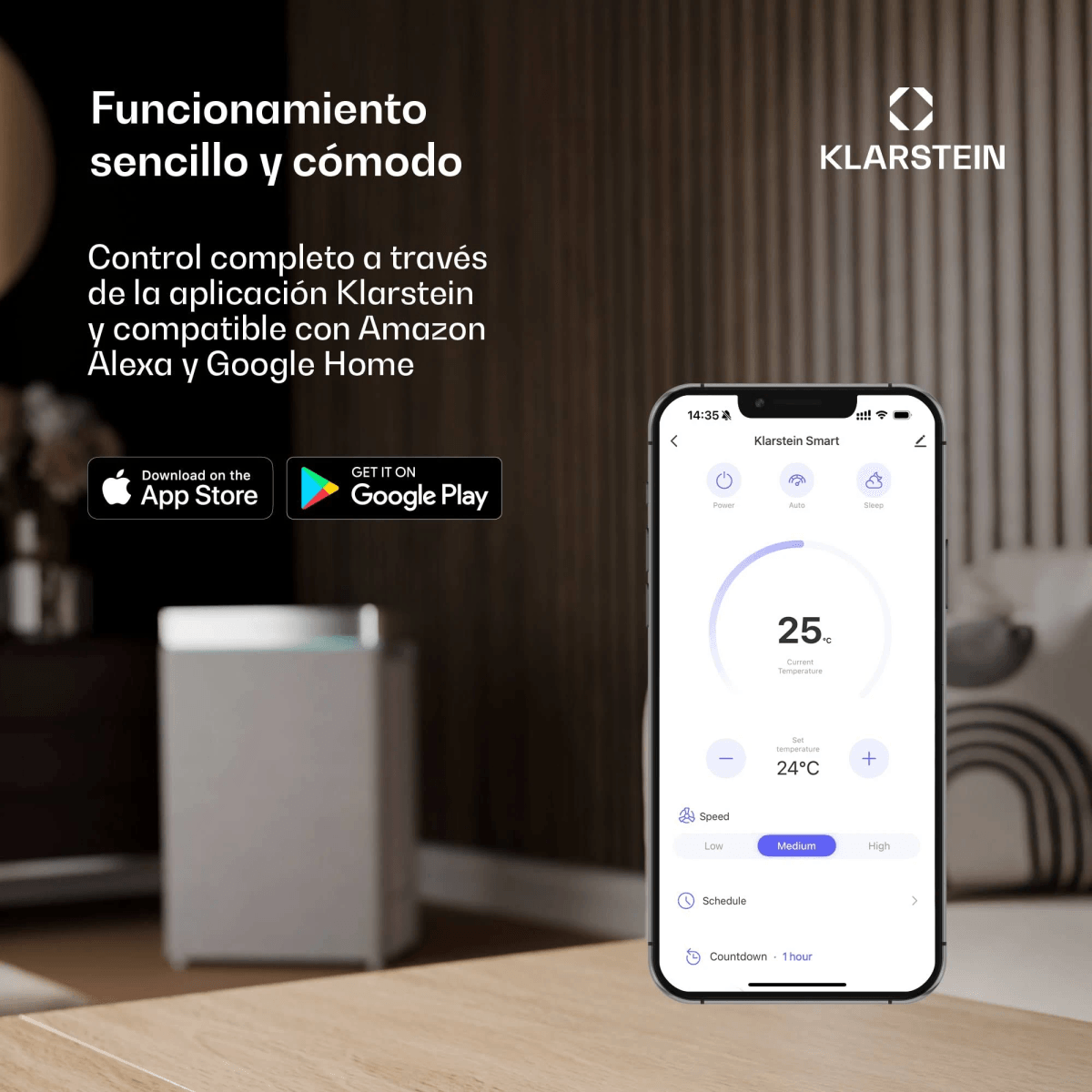 Un smartphone muestra la app Klarstein con 25°C y ajustes del ventilador. Al lado, un purificador de aire blanco.