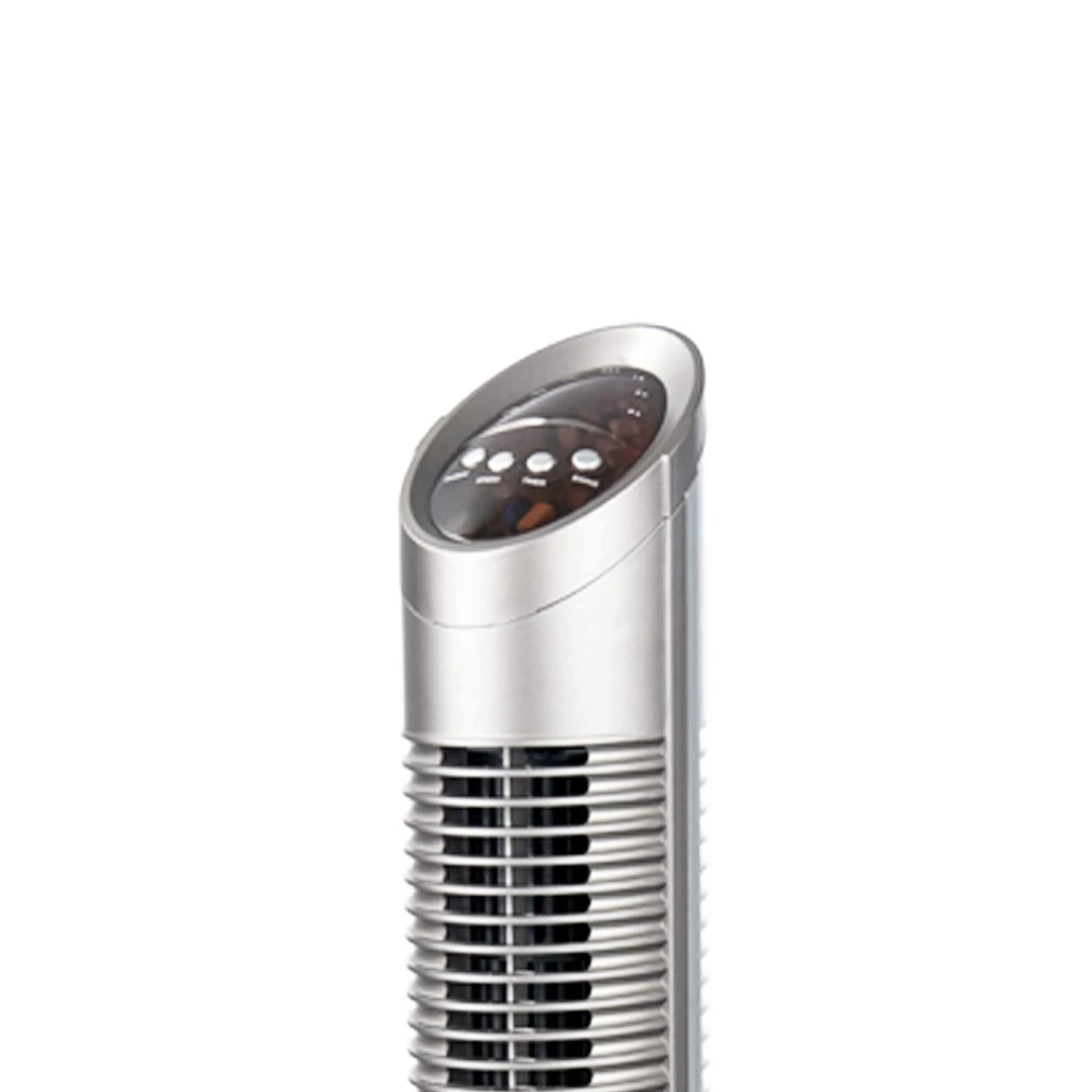 Un ventilador de torre plateado con pantalla digital y listones de ventilación.