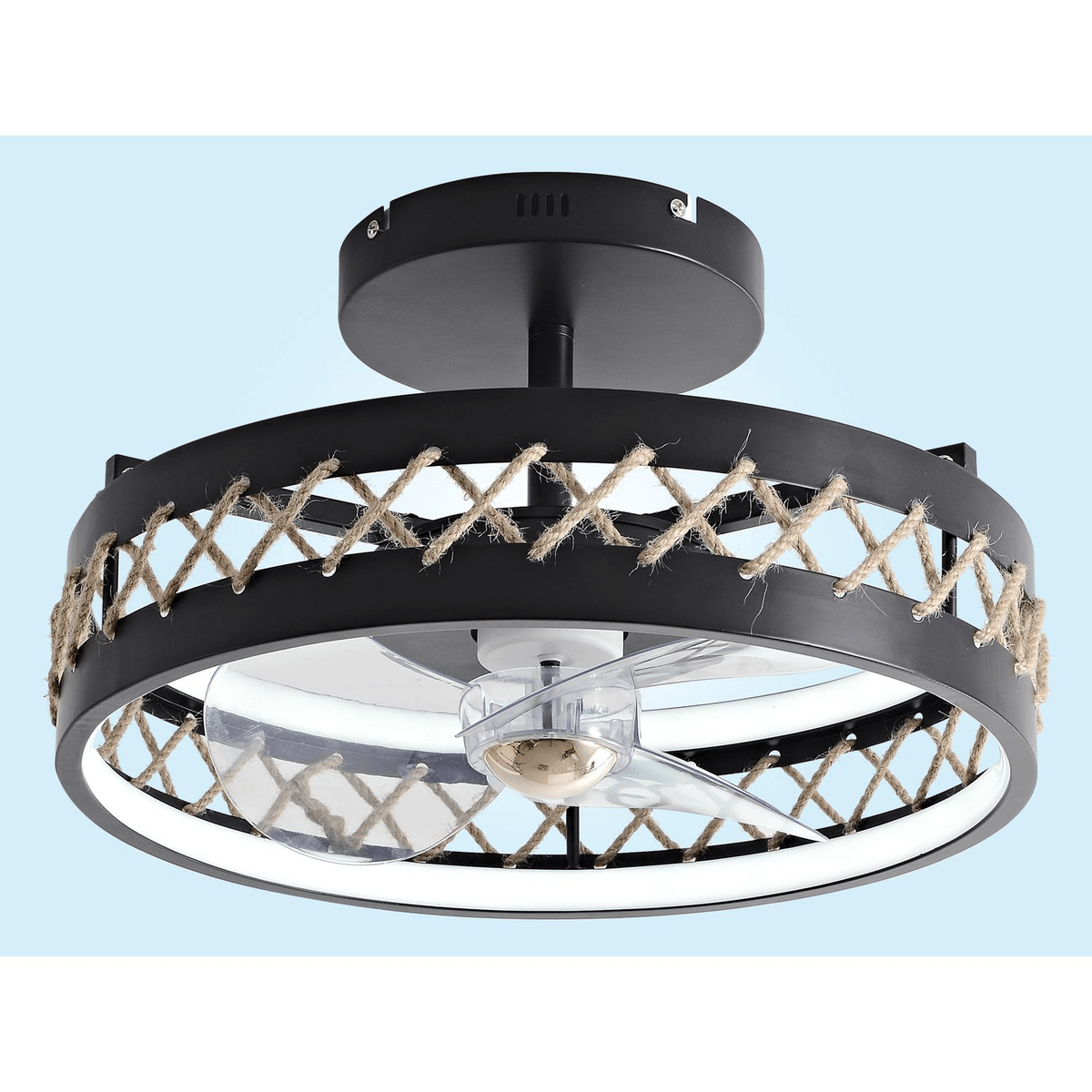 Schwarzer Deckenventilator mit Seilakzenten und klaren Rotorblättern.