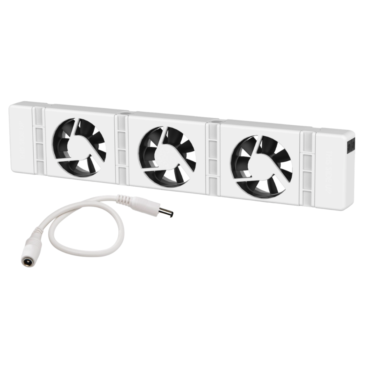 Barra ventilata bianca con tre ventole e cavo.