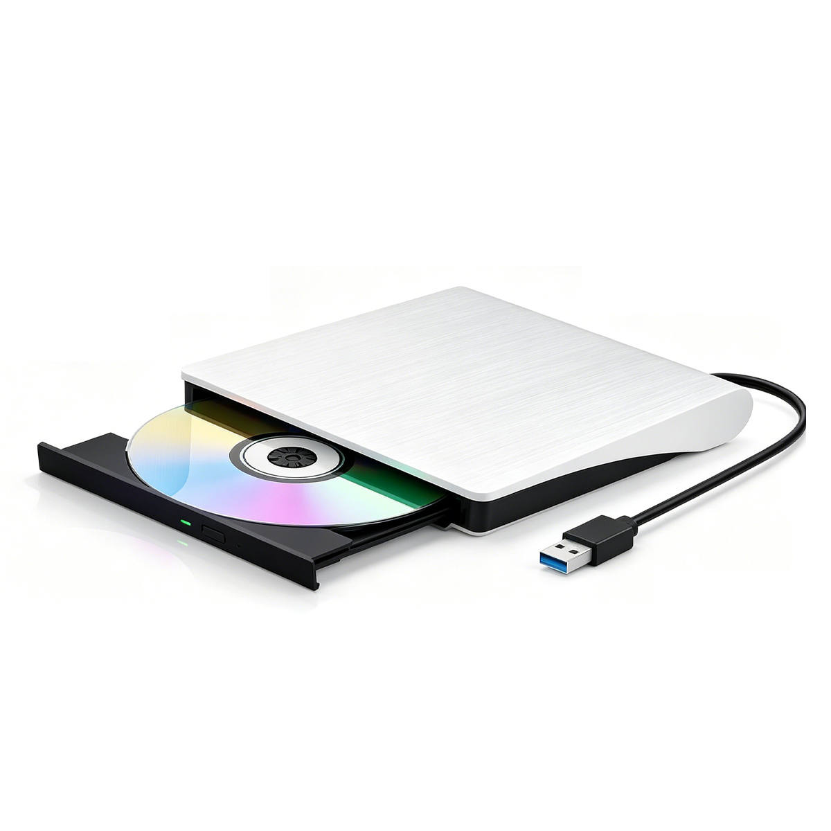 Lettore CD/DVD esterno argento con disco colorato inserito, collegato via USB.
