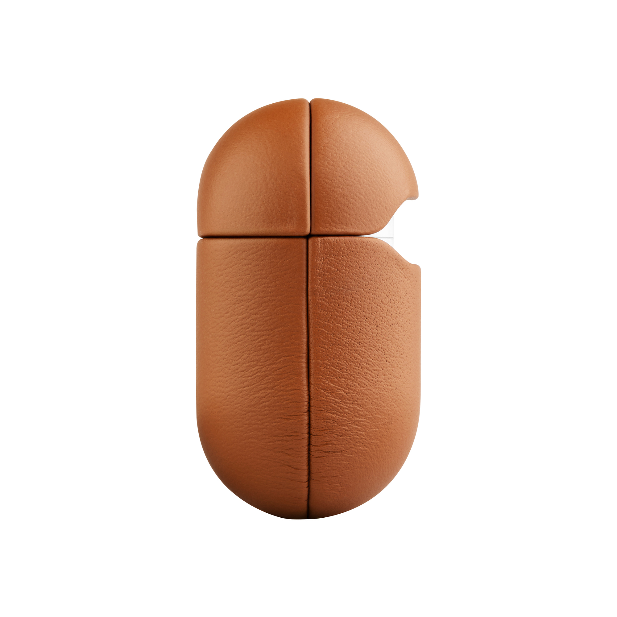 Ein braunes Leder-Etui, das wie eine Kaffeebohne geformt ist, mit teilweiser Öffnung.