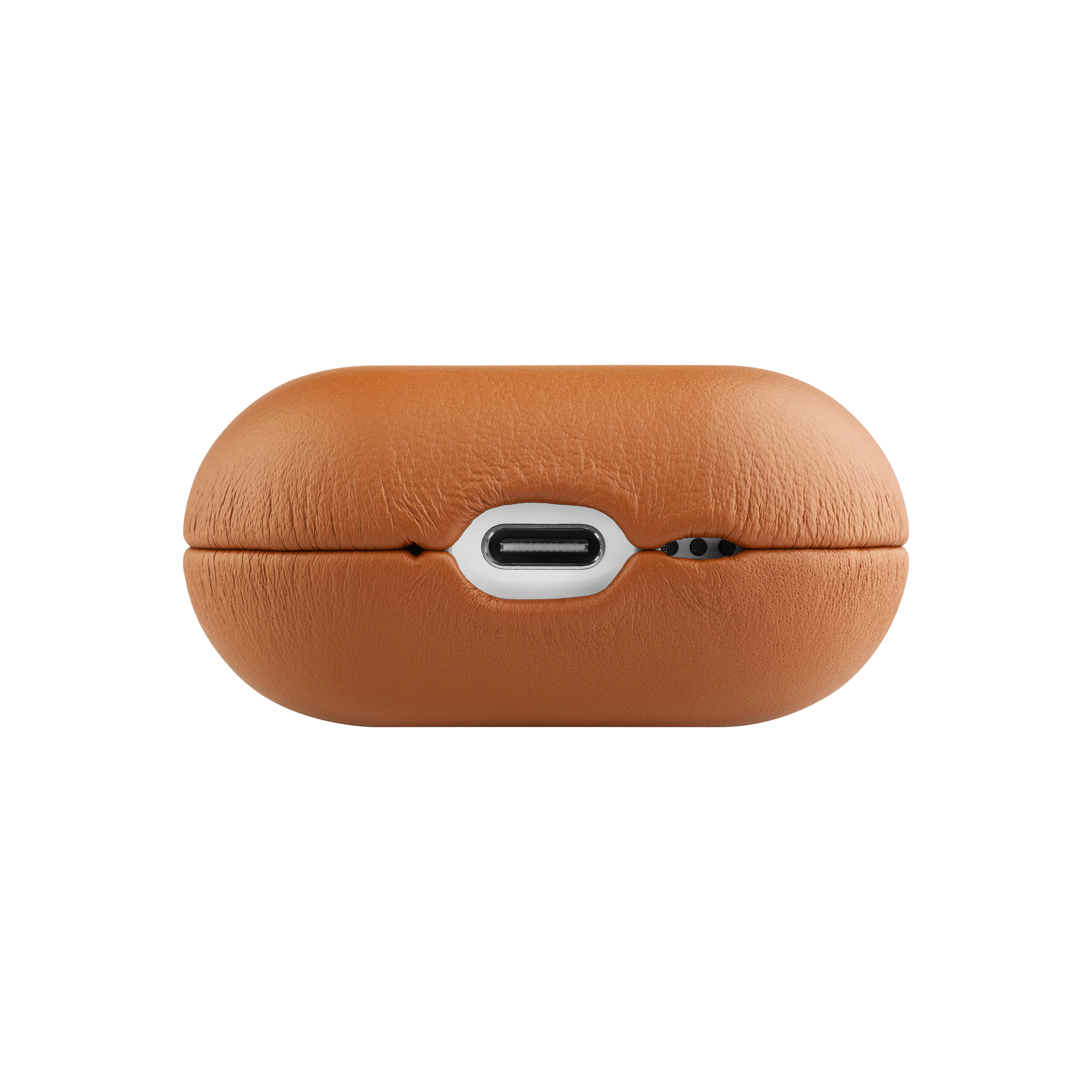 Braunes Lederetui mit USB-C-Anschluss und Ladeanzeige.