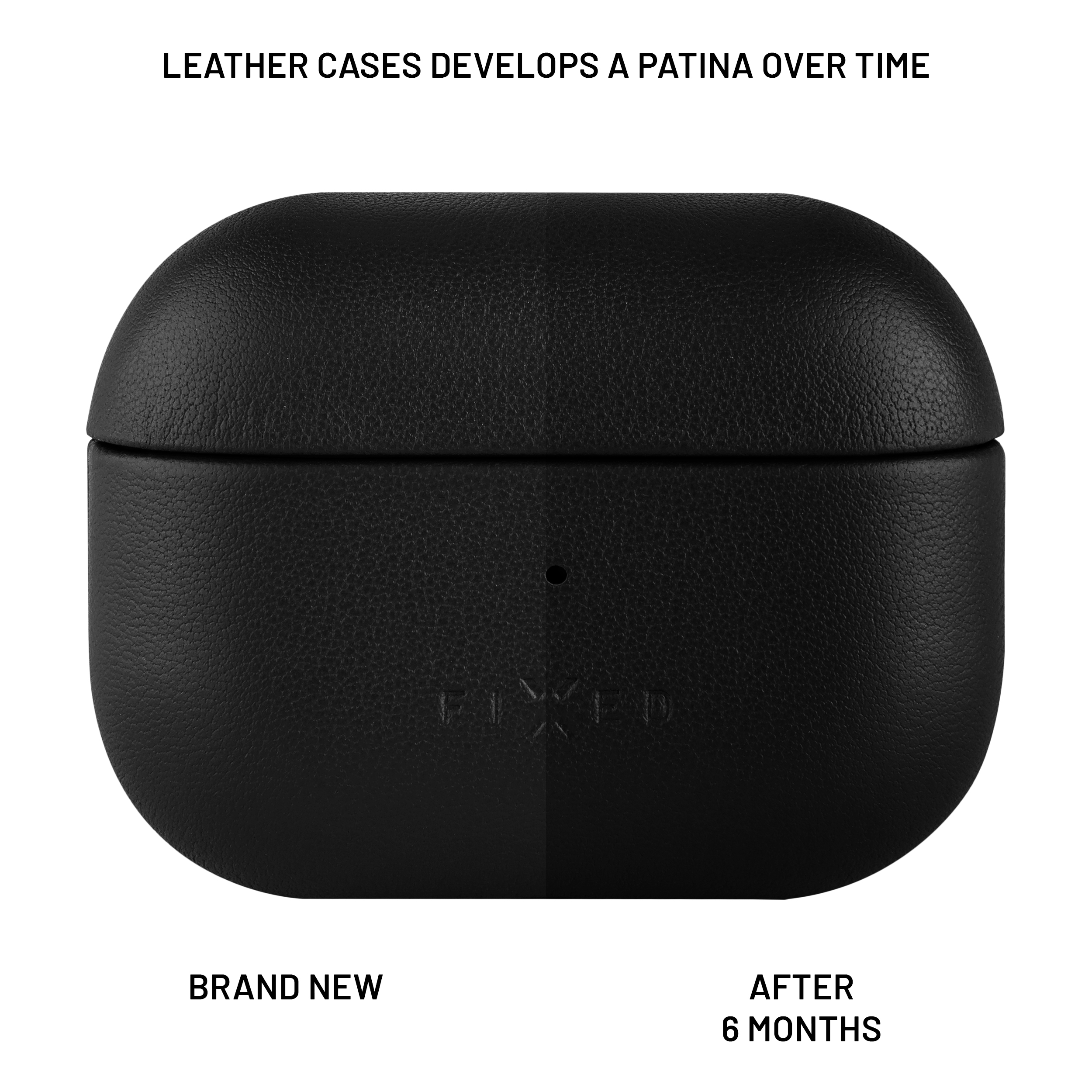 Schwarzes Lederetui für AirPods, neu und nach 6 Monaten.
